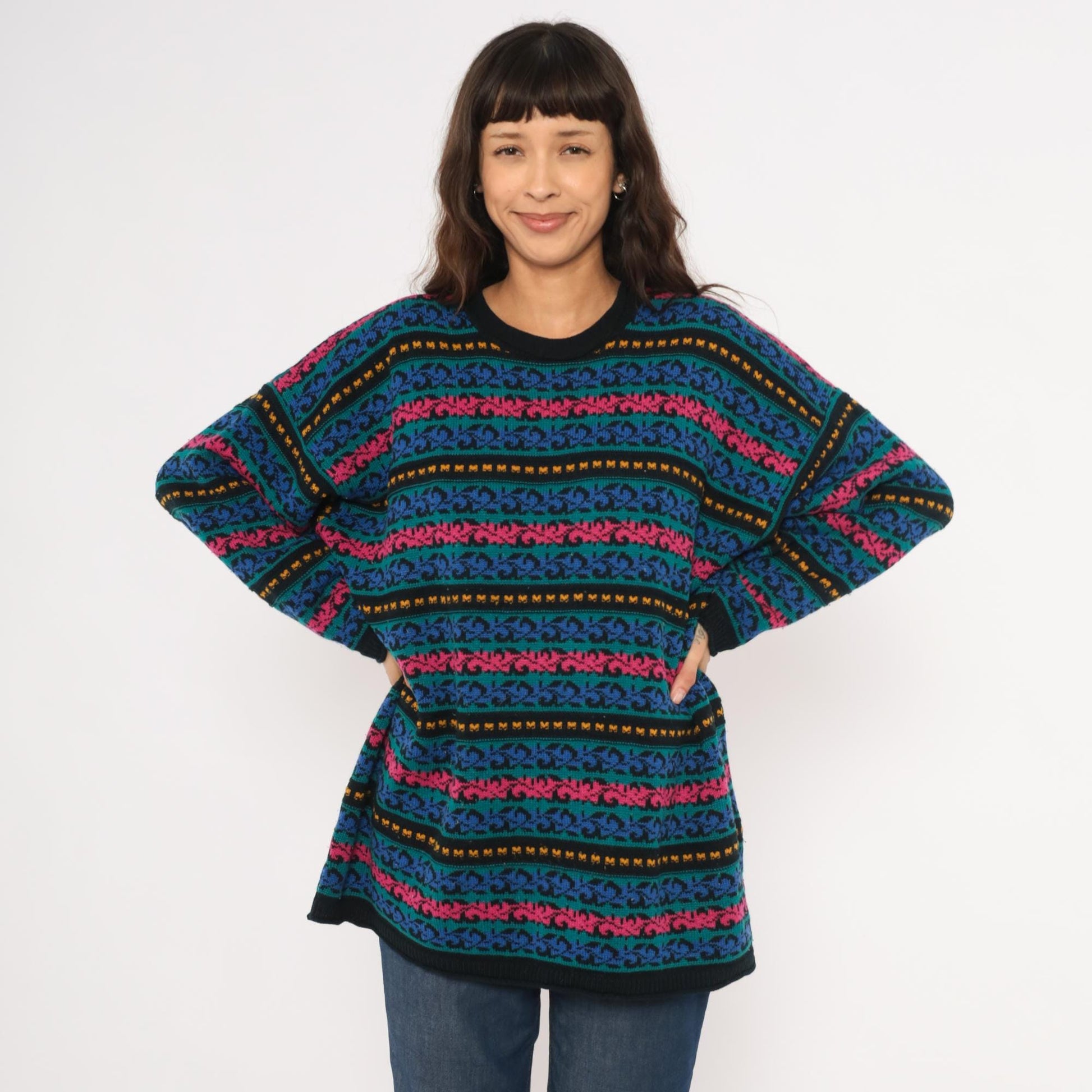 90s Jacque & Koko Jacquard Knit Sweater Teal Scroll Pattern Crew Neck Extra Large XL
