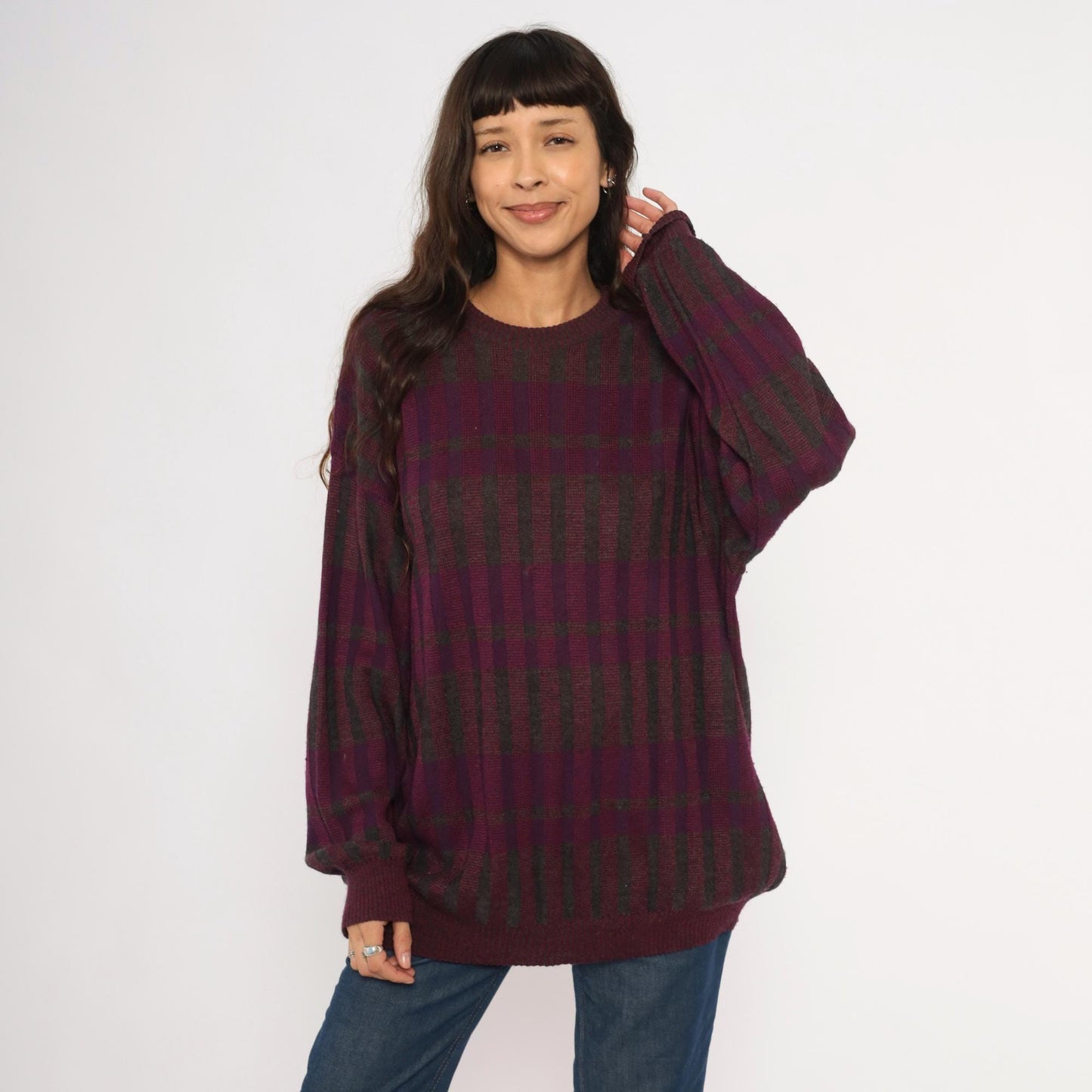 80s Gea Plaid Knit Sweater Burgundy Purple Grey Crewneck Extra Large XL