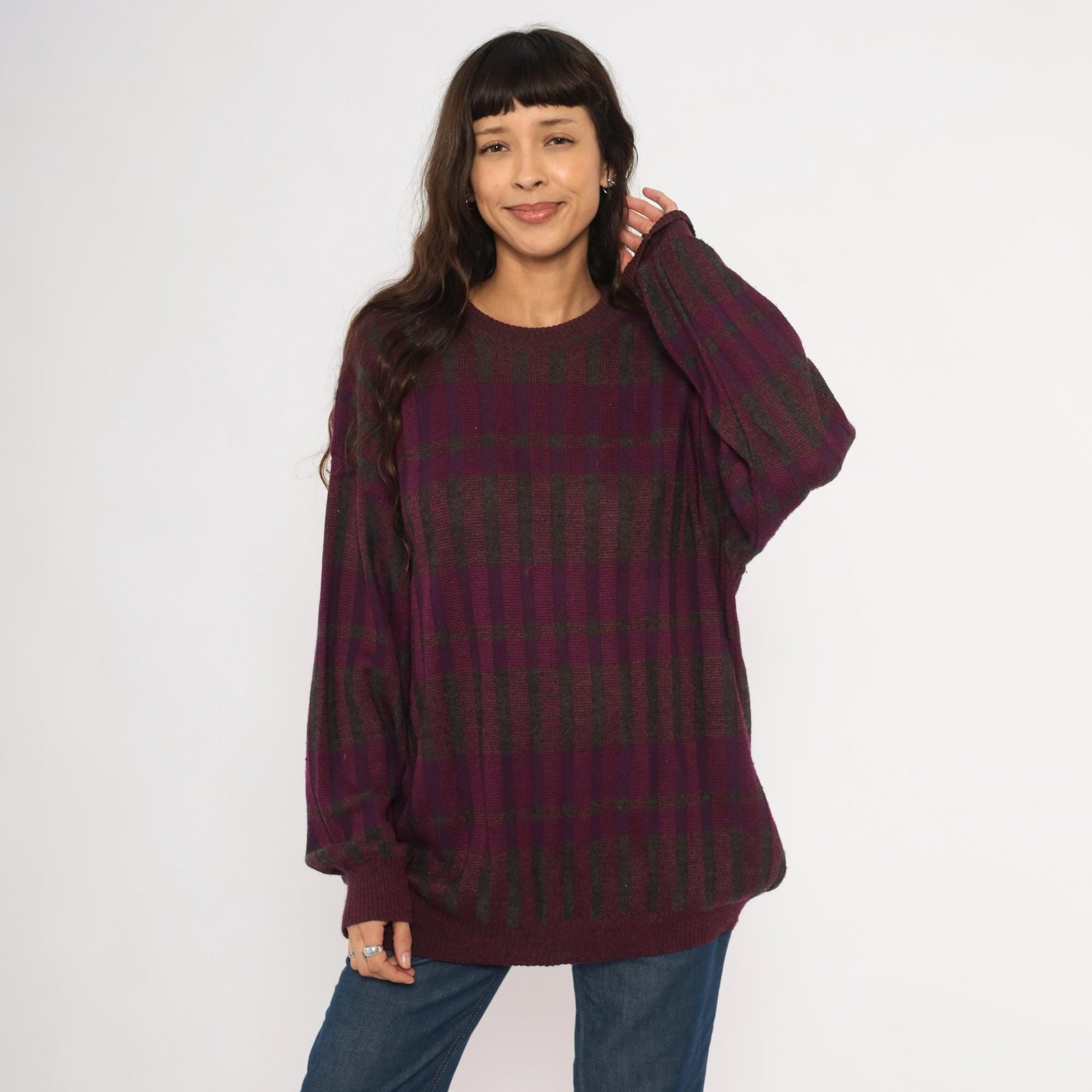 80s Gea Plaid Knit Sweater Burgundy Purple Grey Crewneck Extra Large XL