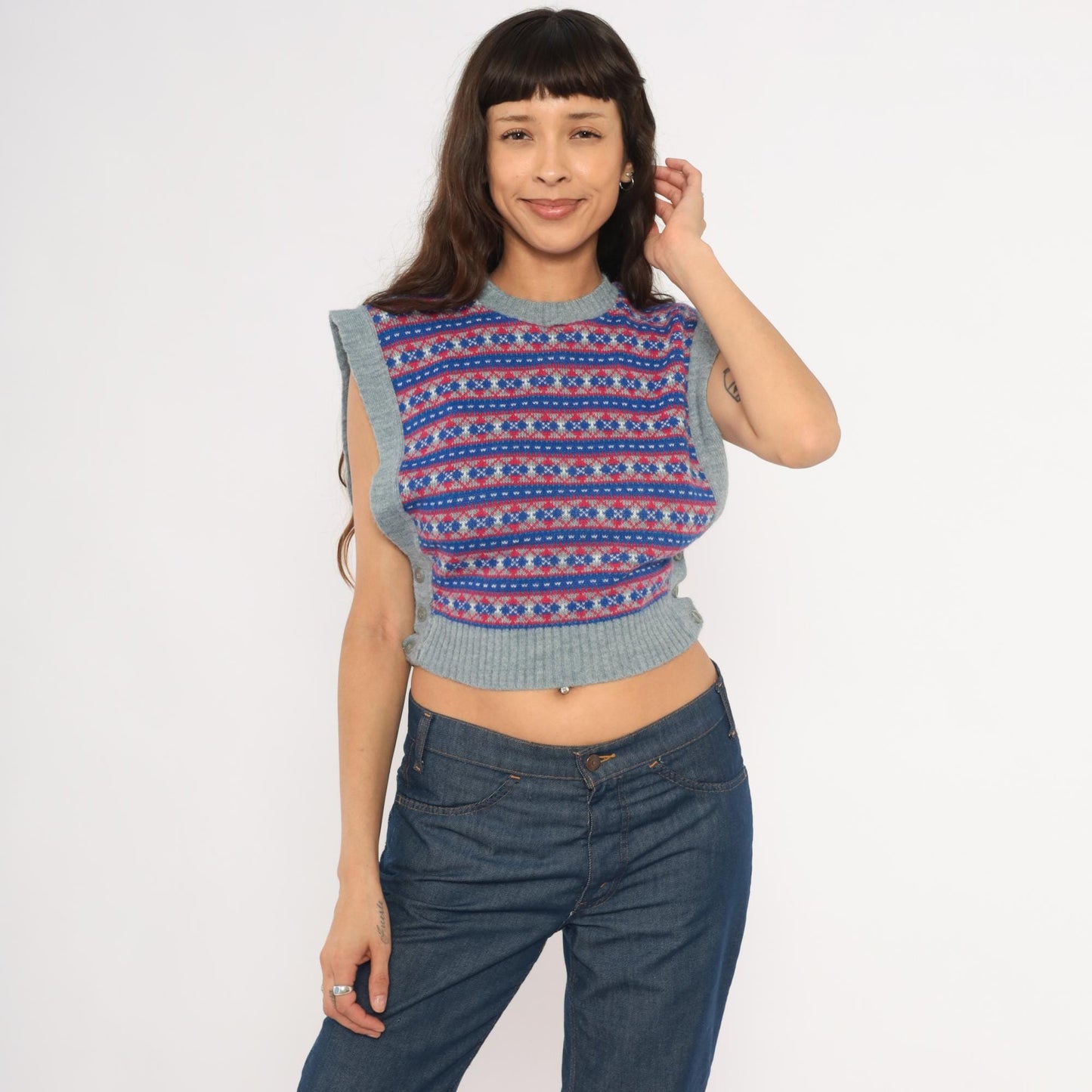 80s Fair Isle Sweater Vest Grey Blue Red Geometric Knit Cropped Extra Small XS