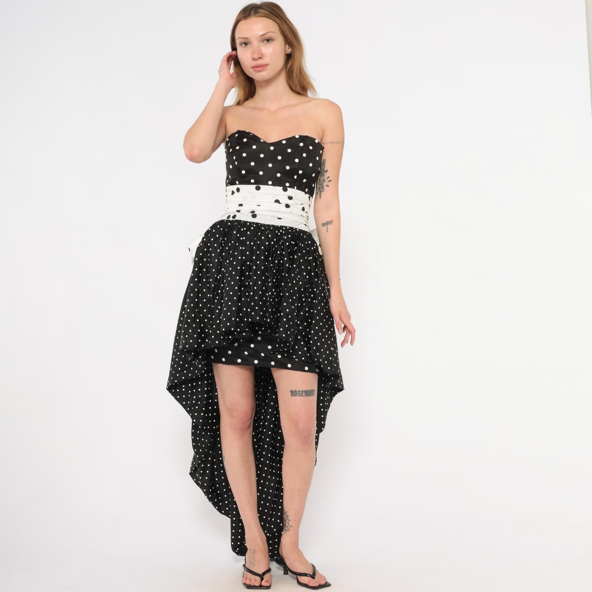 80s Jessica McClintock Gunne Sax Polka Dot Strapless Gown Black White Extra Small XS