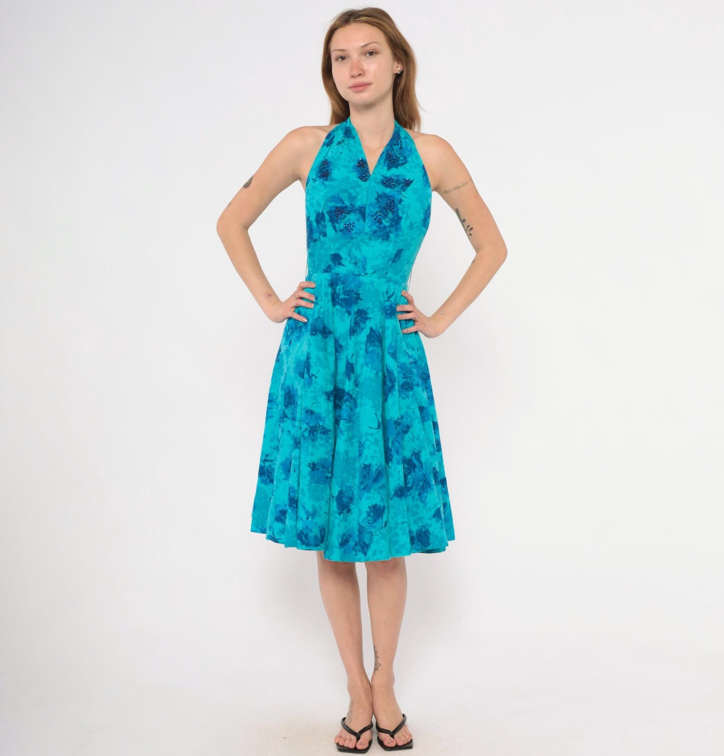 1950s Makoff Halter Dress Turquoise Floral Rhinestone Pleated Circle Skirt Extra Small XS