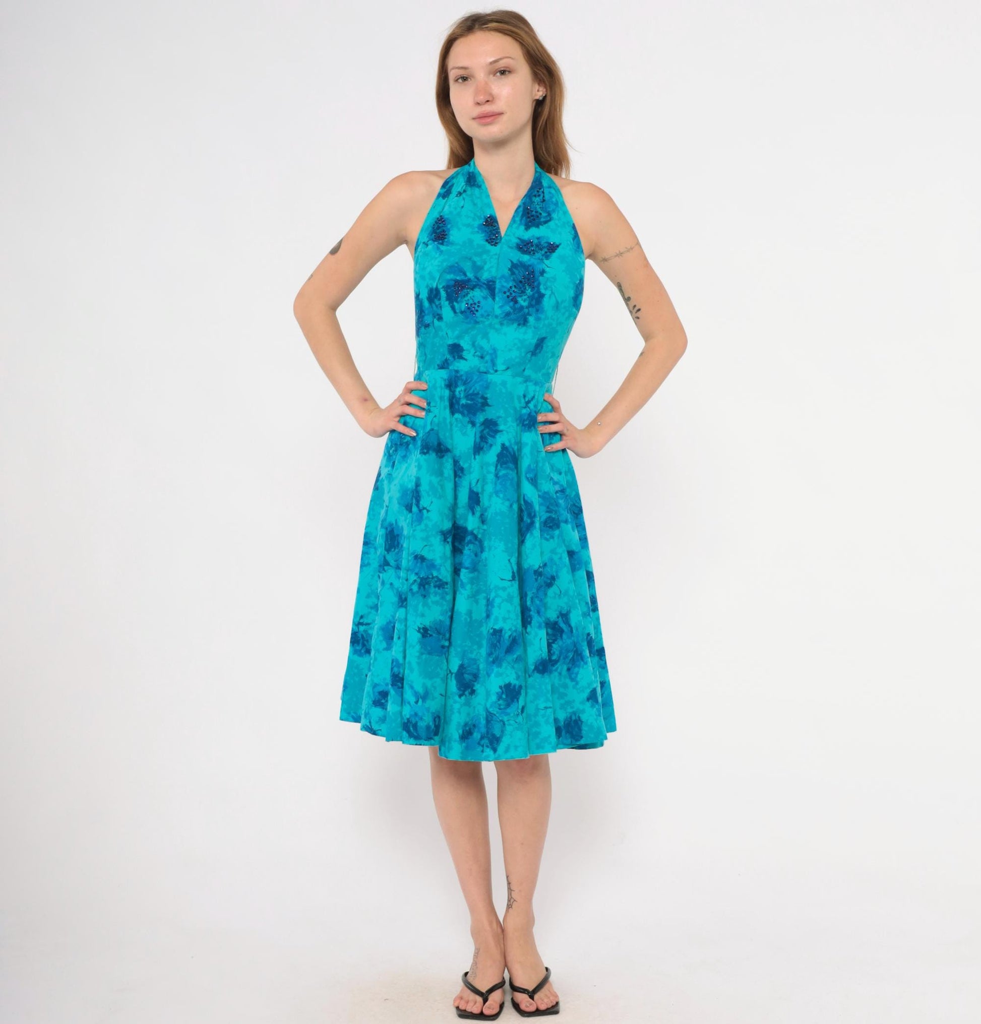 1950s Makoff Halter Dress Turquoise Floral Rhinestone Pleated Circle Skirt Extra Small XS