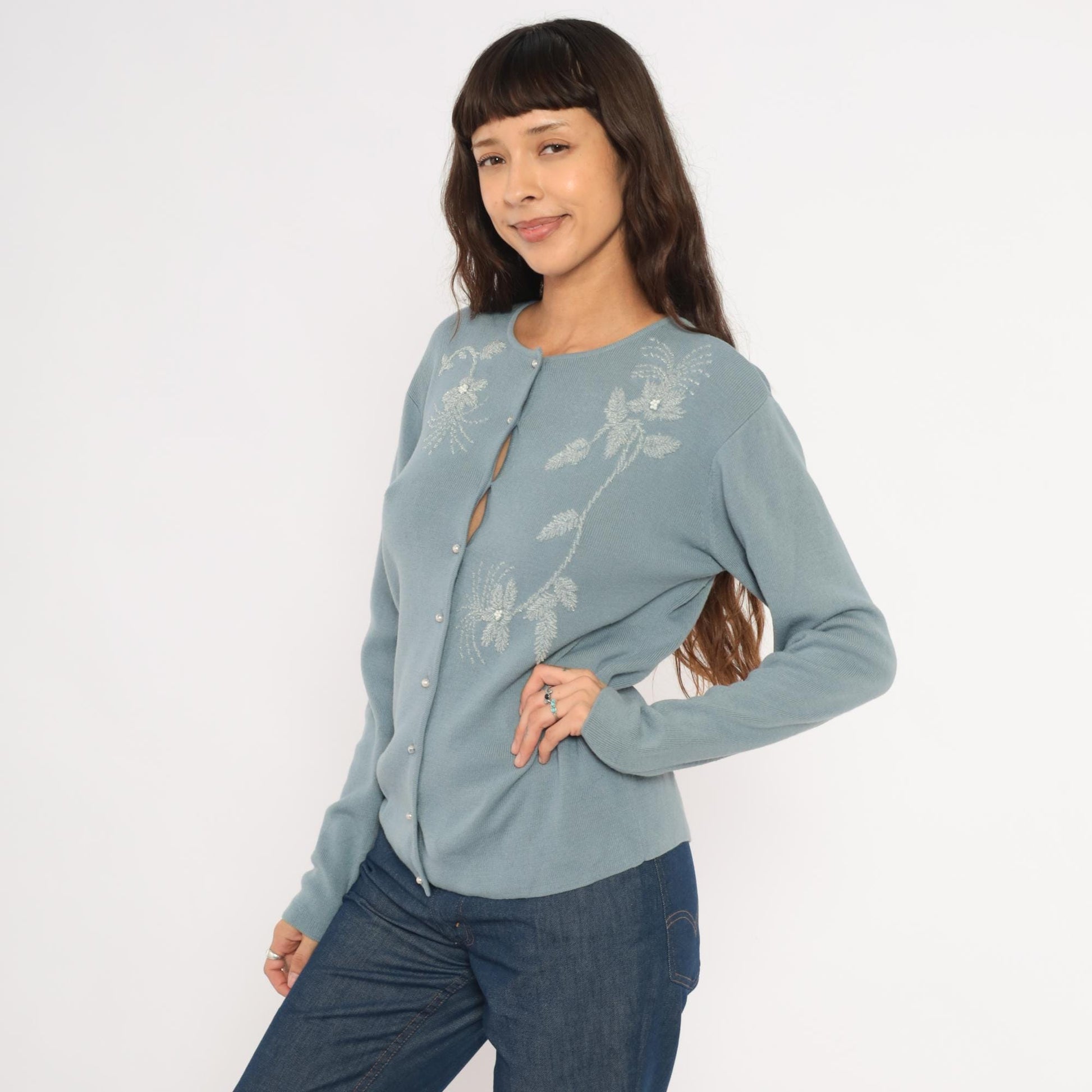 Saks Fifth Avenue 90s Powder Blue Cardigan Embroidered Floral Beaded Medium