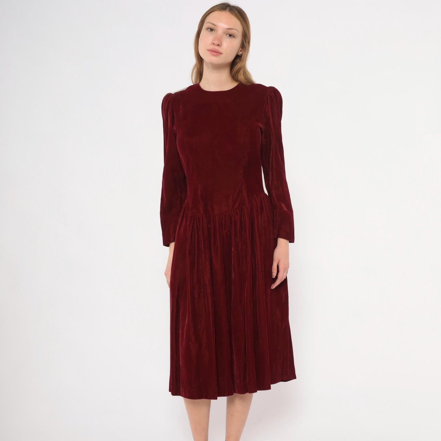 70s Burgundy Velvet Midi Dress Puff Sleeve Fitted Waist Small