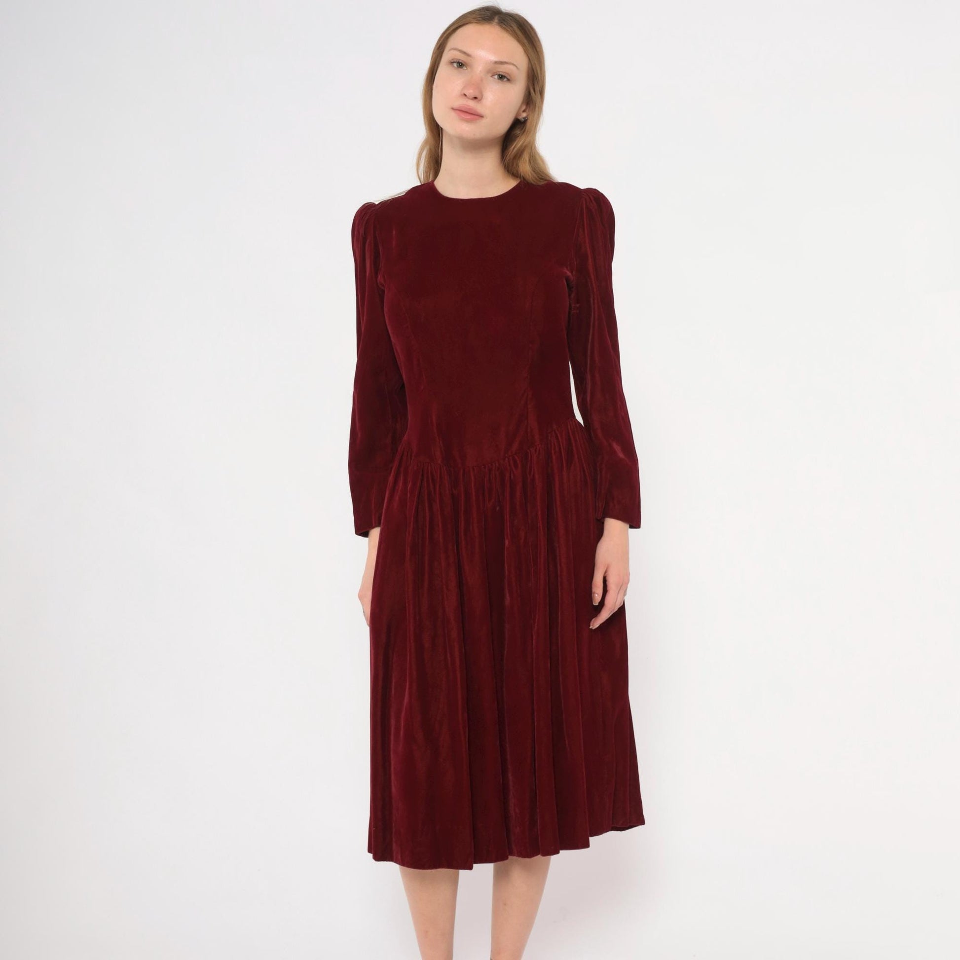 70s Burgundy Velvet Midi Dress Puff Sleeve Fitted Waist Small