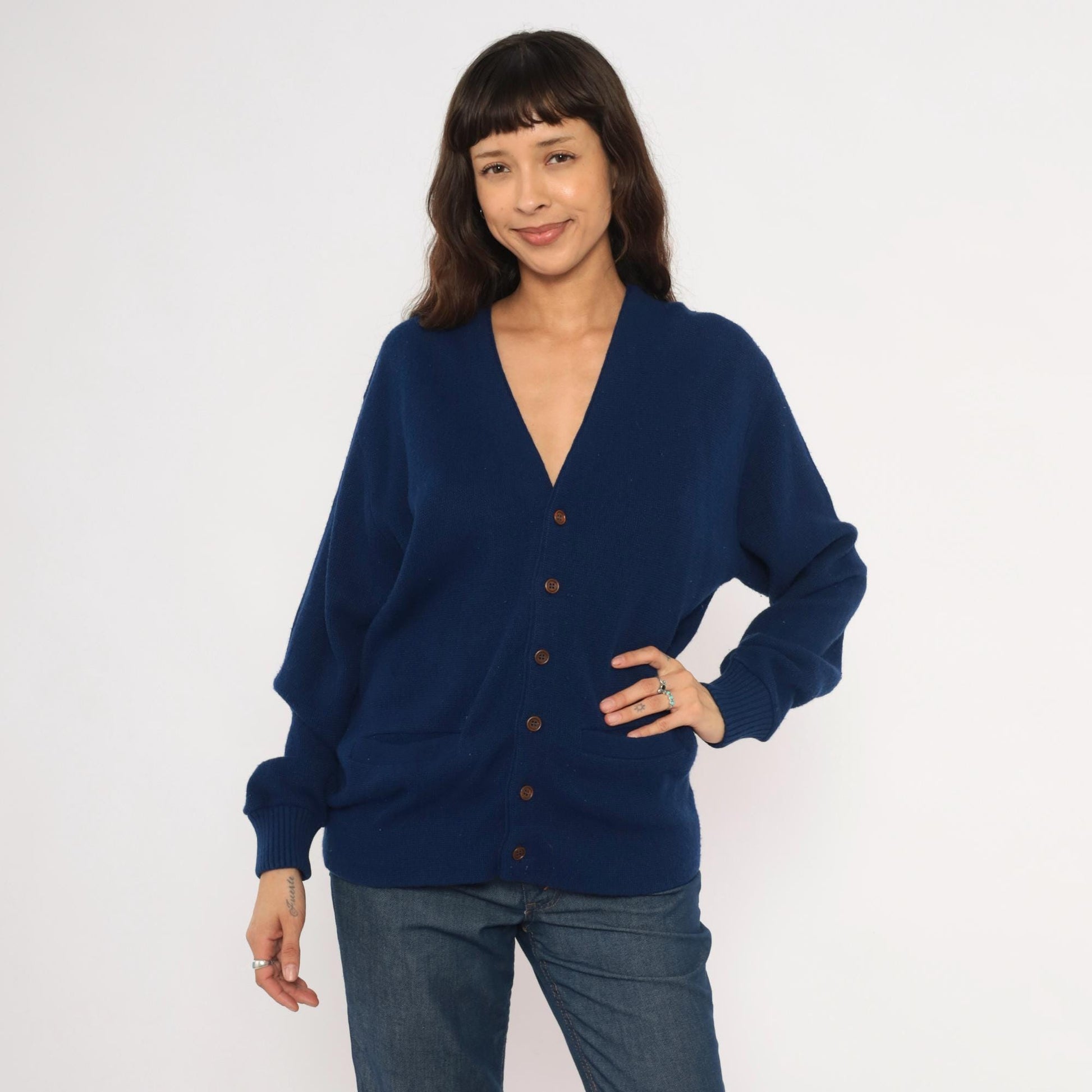 70s Navy Button Front Cardigan V Neck Patch Pocket Knit Small