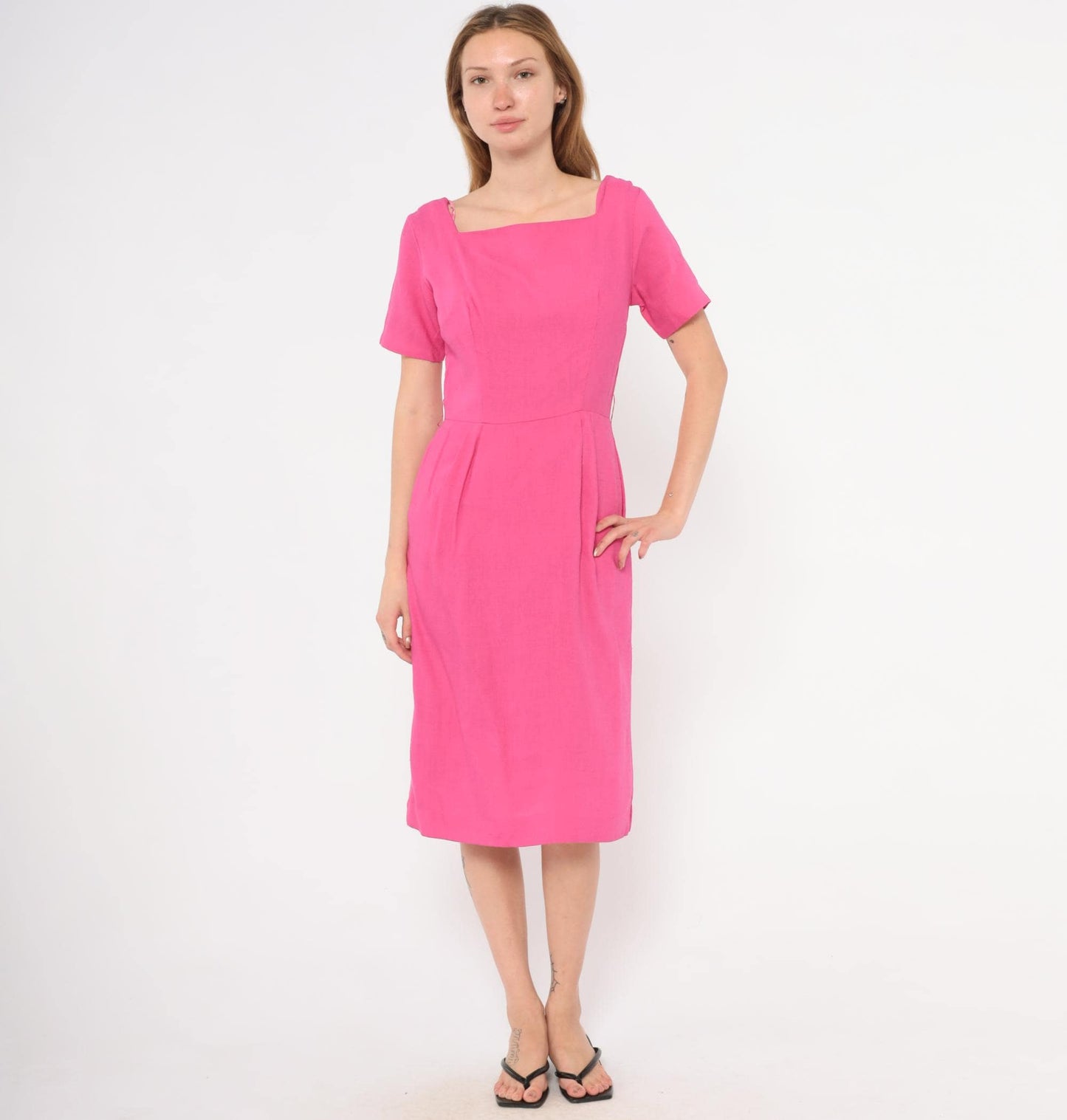 80s Fuchsia Linen Cotton Sheath Dress Square Neckline Pleated Waist Small S