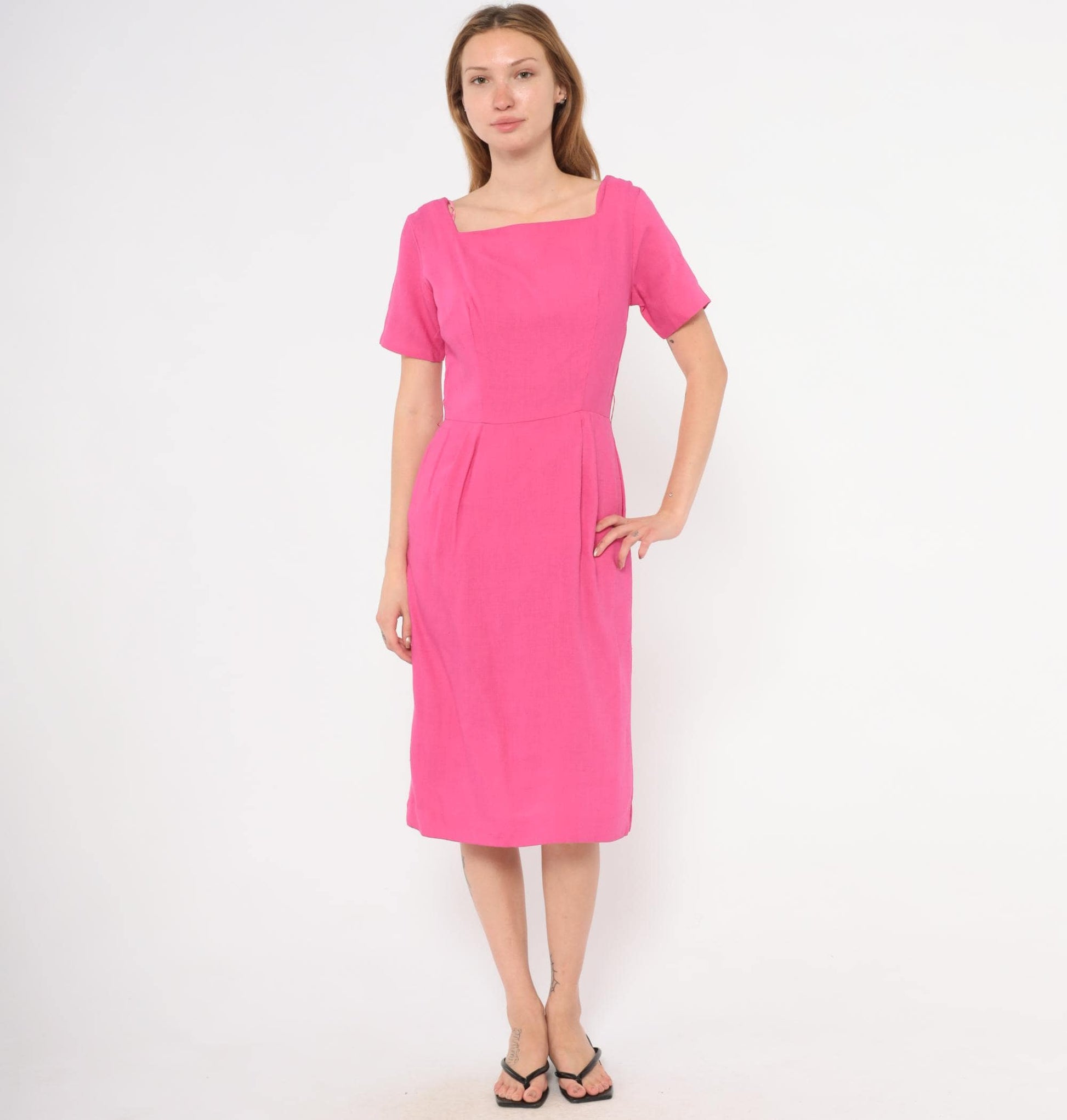 80s Fuchsia Linen Cotton Sheath Dress Square Neckline Pleated Waist Small S