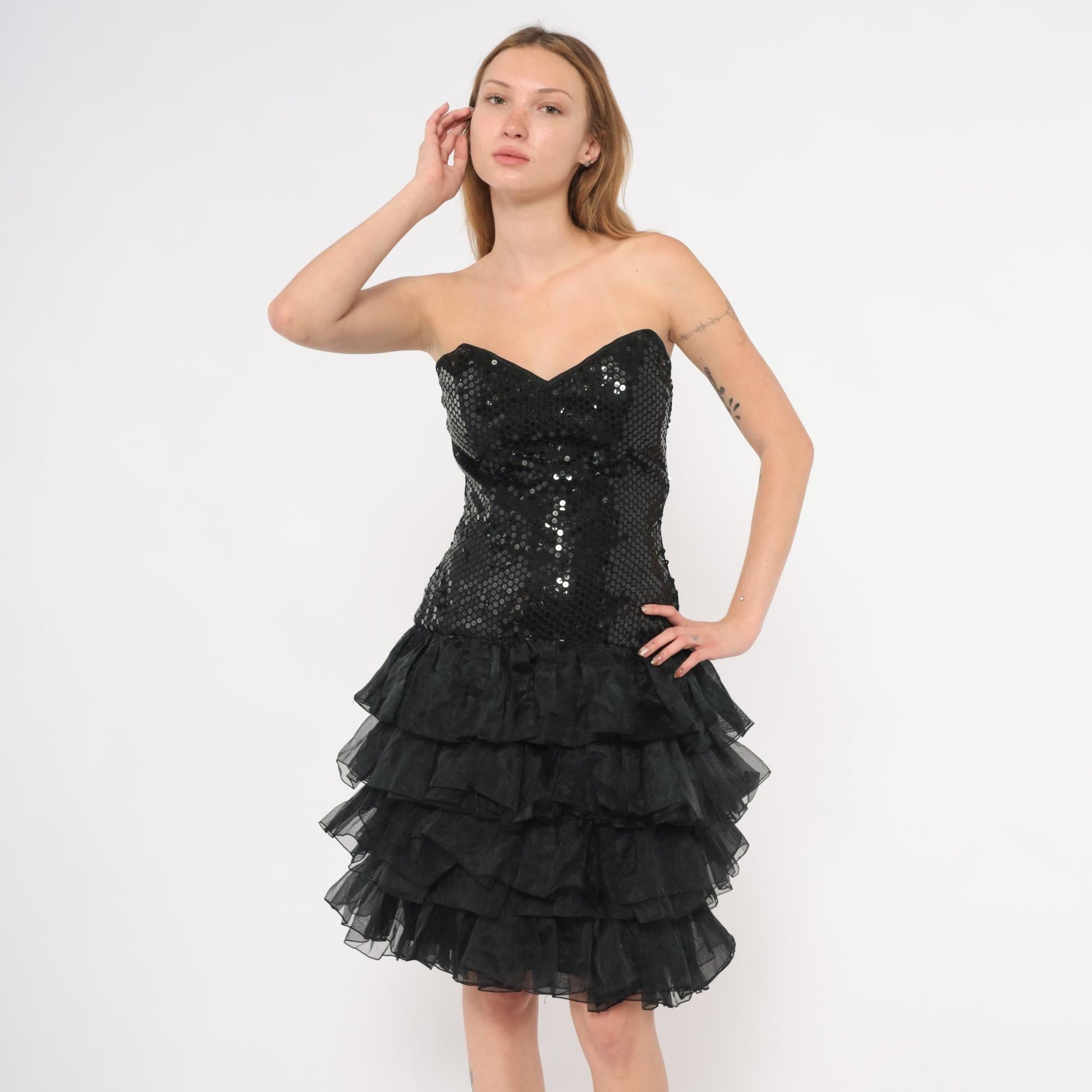 80s Tadashi Sequin Strapless Dress Sweetheart Neckline Tiered Ruffle Mini Black Small S