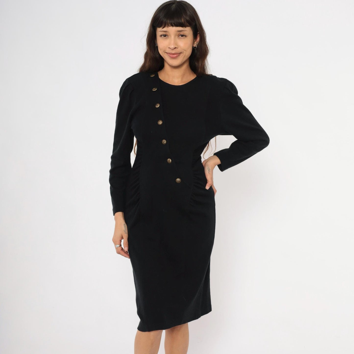 80s All That Jazz Black Puff Sleeve Dress Gold Buttons Ruched Waist Small S