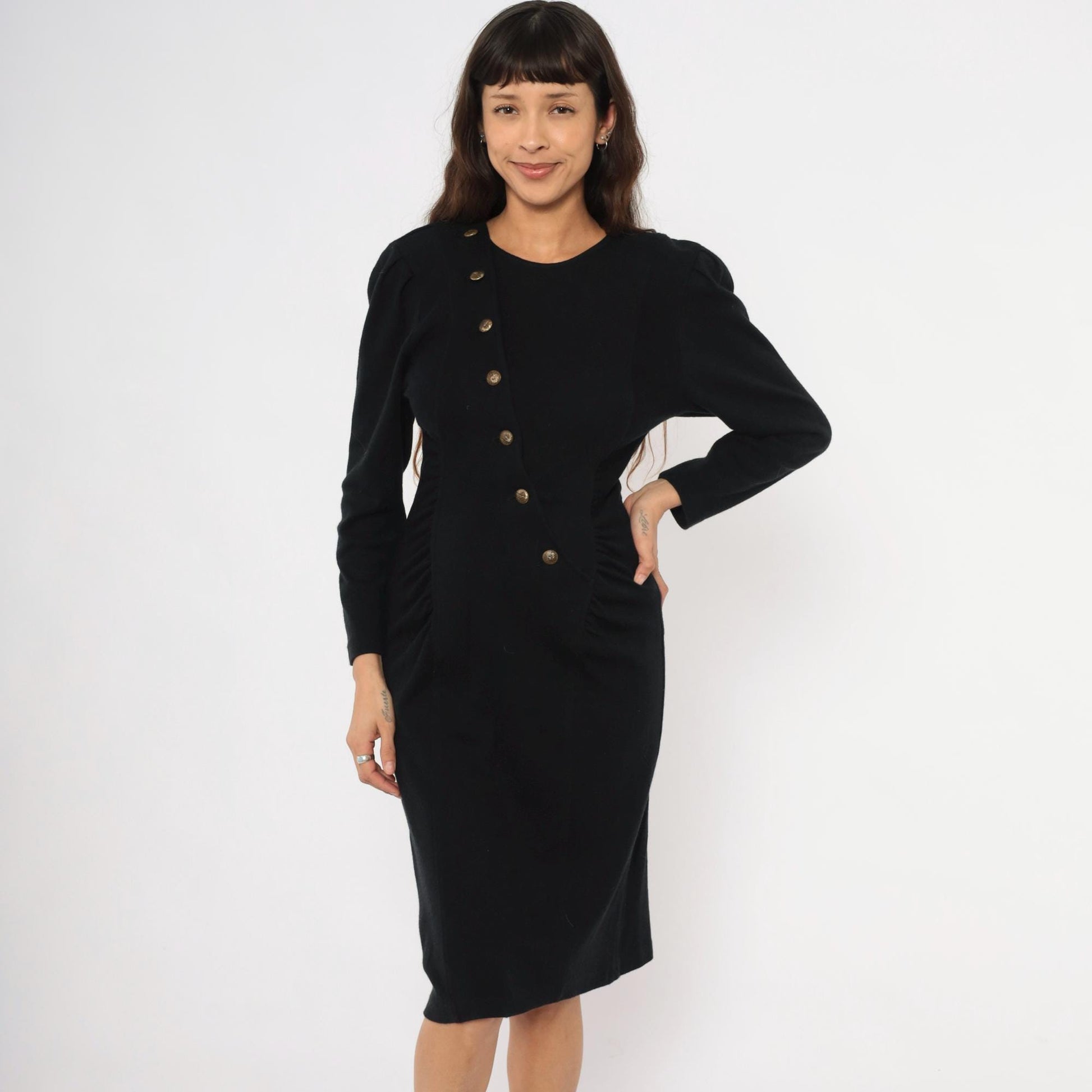 80s All That Jazz Black Puff Sleeve Dress Gold Buttons Ruched Waist Small S