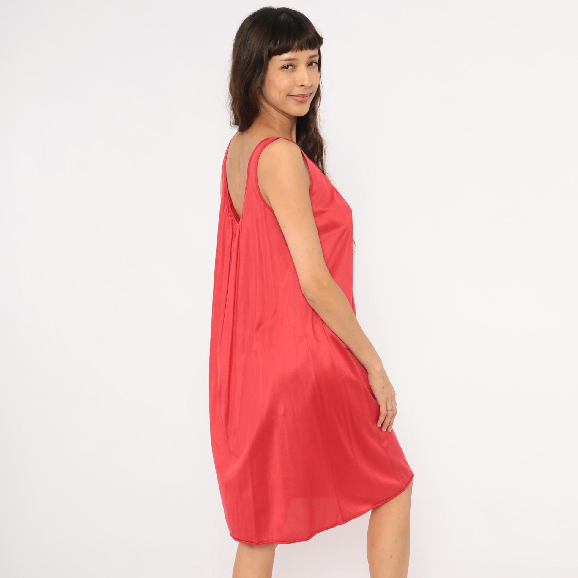 80s Eve Moral Red Satin Nightgown Scoop Neck Knee Length Medium M