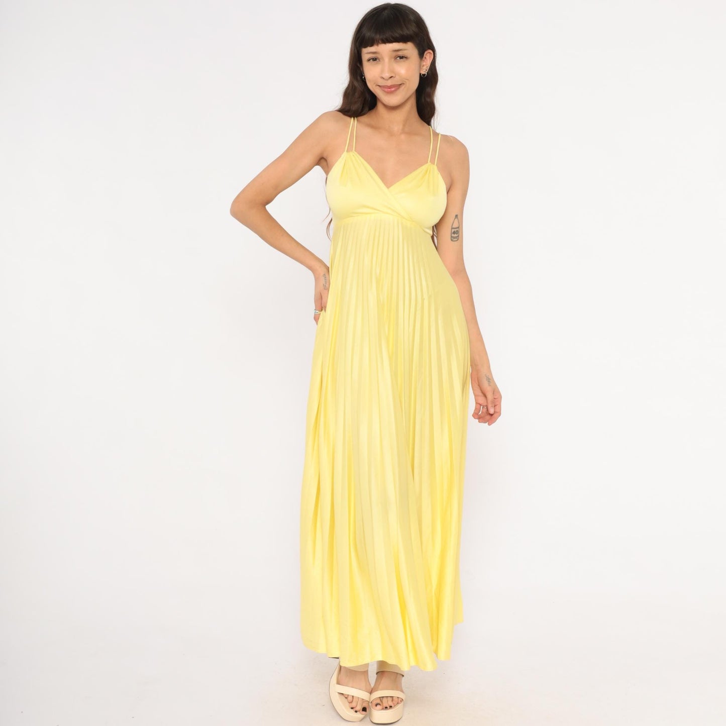 70s Yellow Pleated Maxi Dress Empire Waist Accordion Pleat Surplice Small