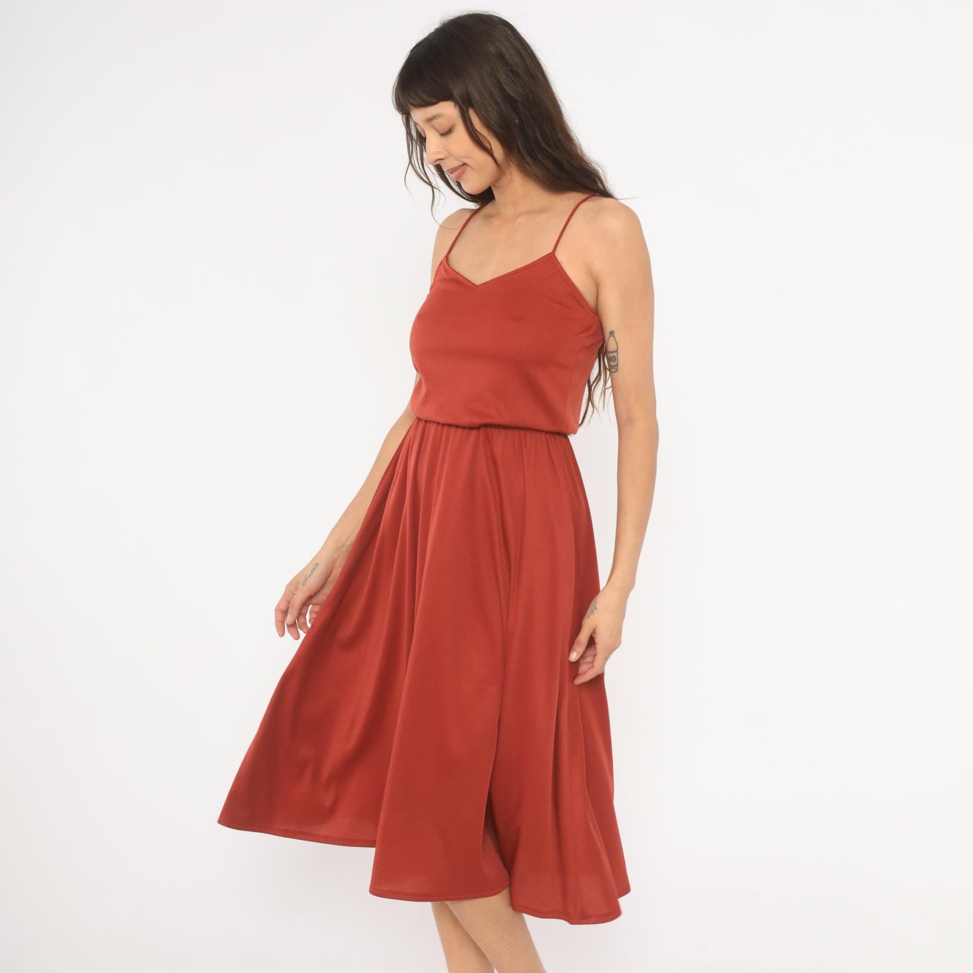 70s Niki Rust Midi Sundress V Neck Blouson Waist Flared Skirt Extra Small XS