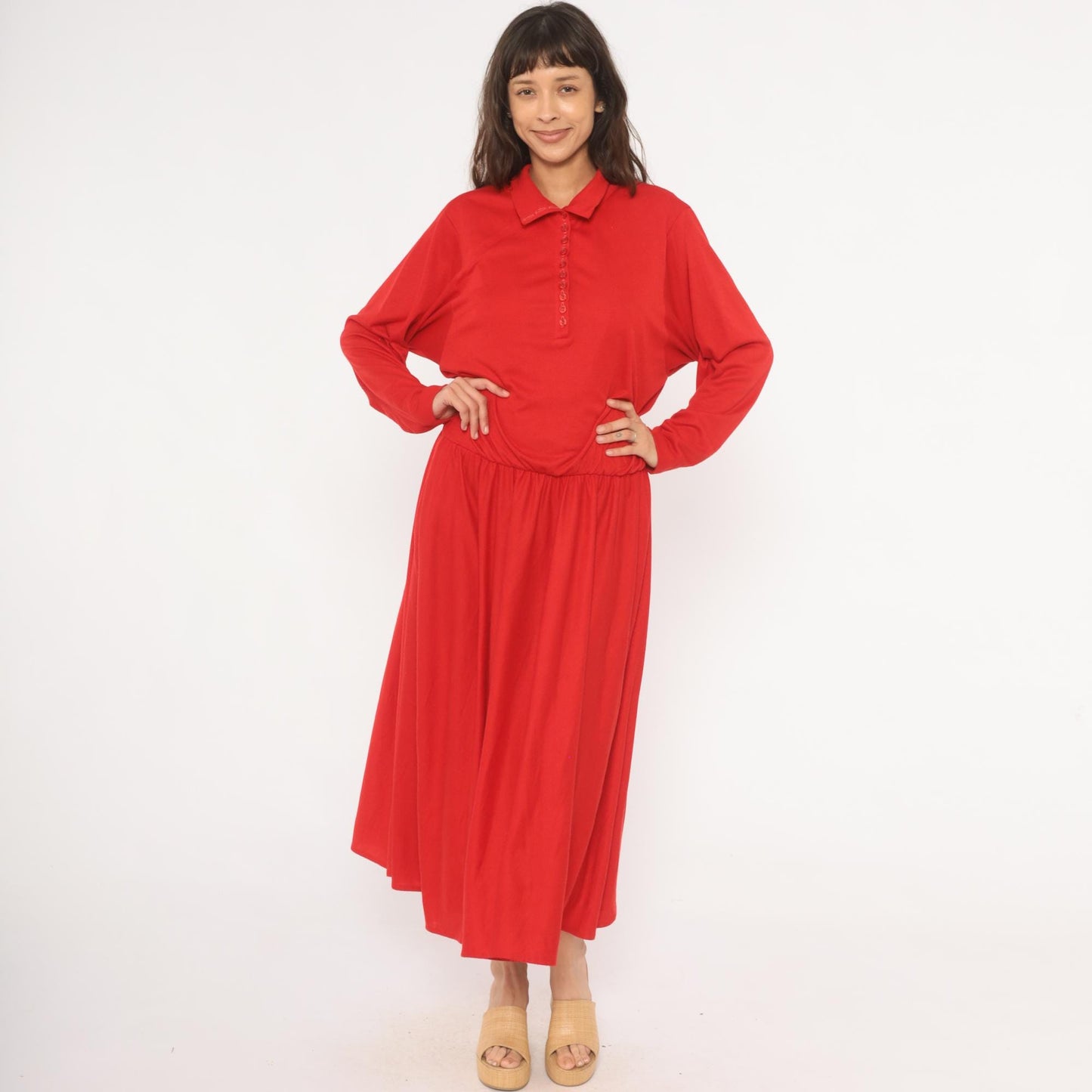 90s Positive Attitude Red Polo Dress Maxi Gathered Waist Long Sleeve Large L