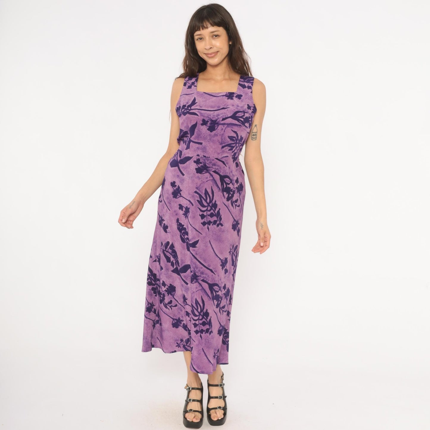 90s Jaclyn Smith Purple Floral Maxi Dress Square Neck Sleeveless Small S