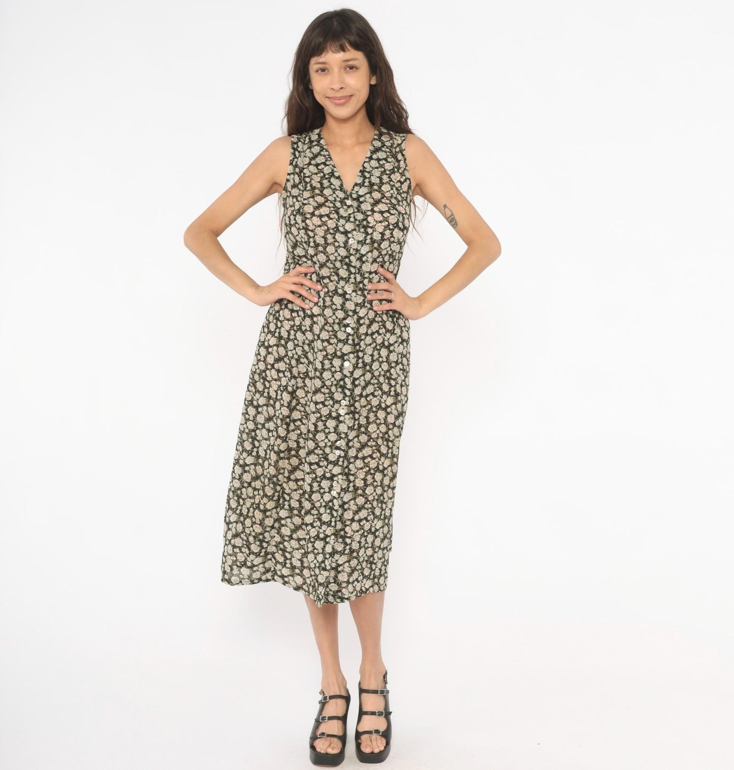 90s Express Floral Midi Dress V-Neck Black Cream Rose Print Size 9