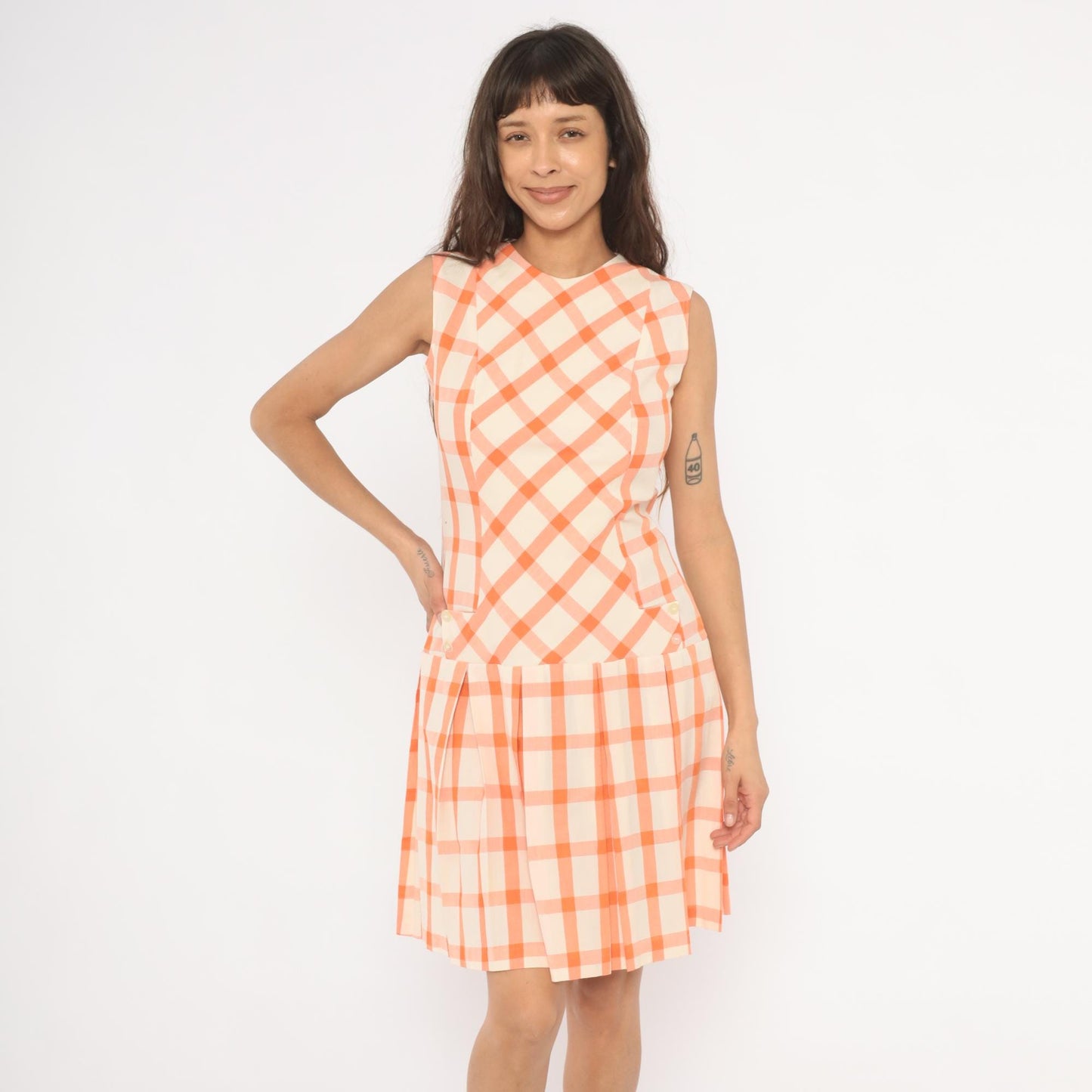 60s Orange Cream Gingham Drop Waist Dress Pleated Sleeveless Shift Small