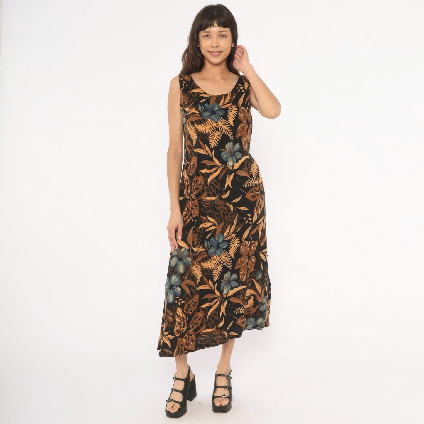 90s California Krush Tropical Floral Midi Dress Sleeveless Black Medium M