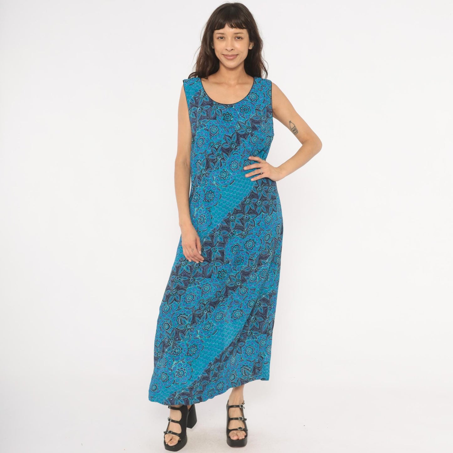 90s Sarah Elizabeth Batik Floral Maxi Dress Teal Navy Scoop Neck Tank Extra Large XL