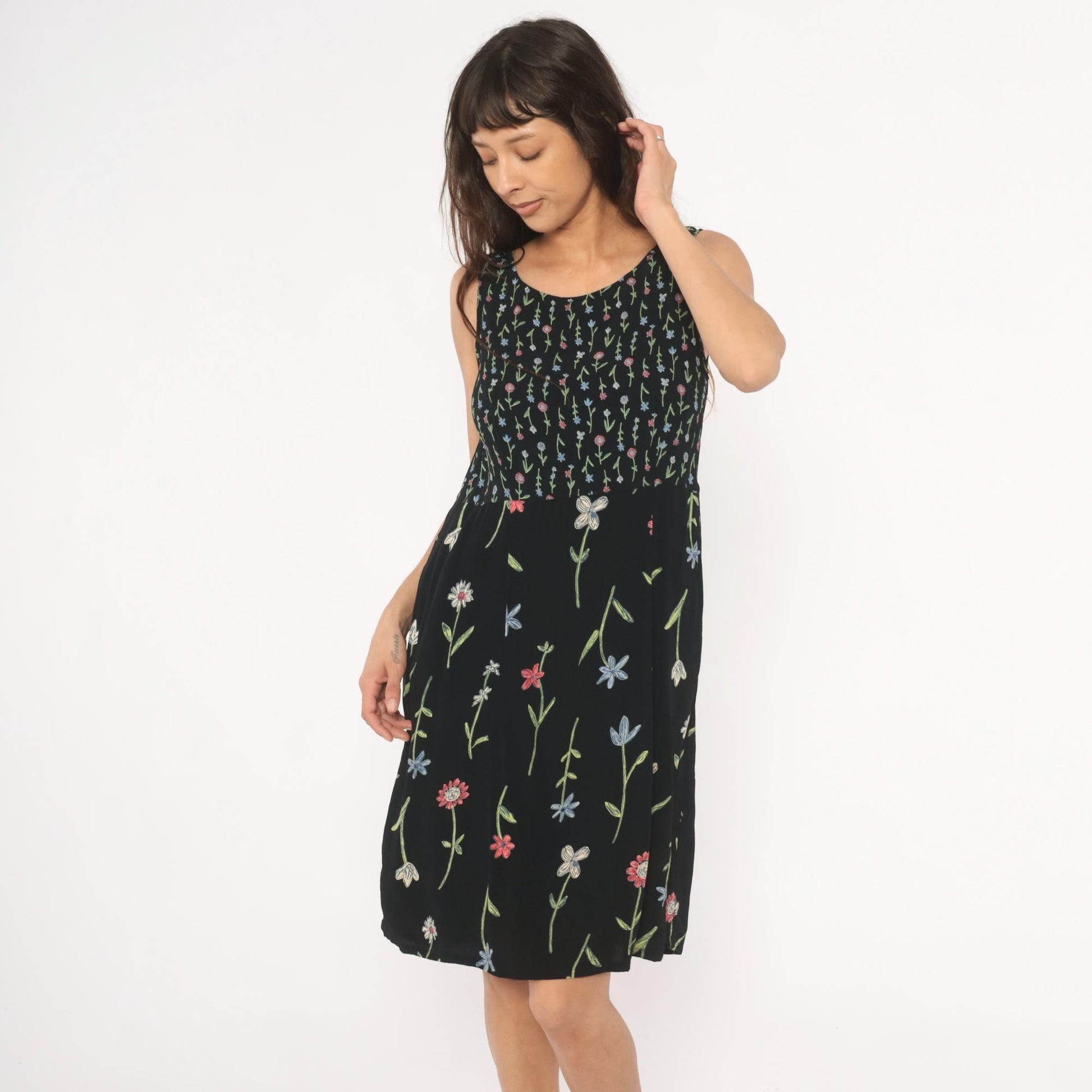 90s Putumayo Black Floral Sundress Knee Length Wildflower Embroidered Medium M