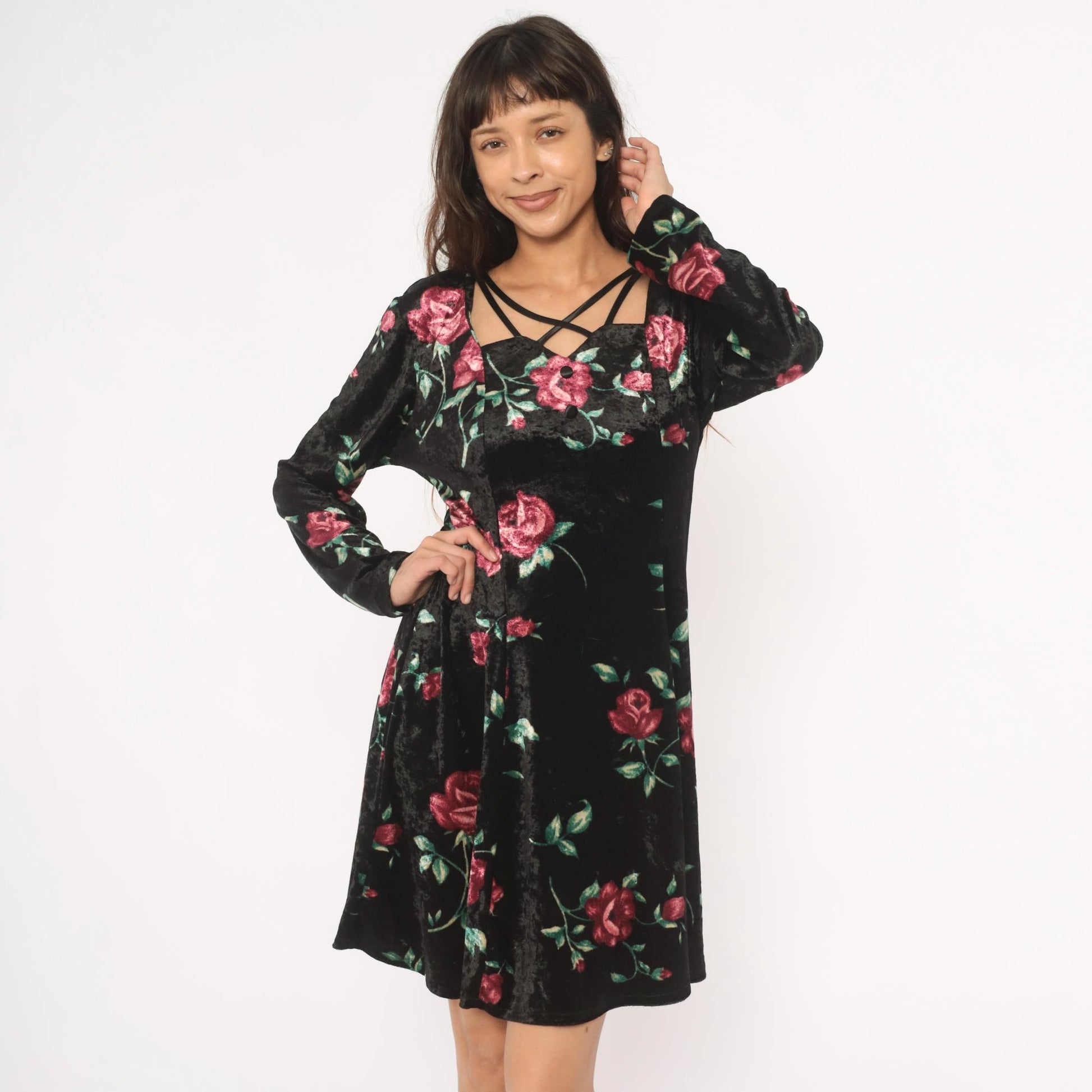 90s Jamie Brooke Velvet Mini Dress Black Rose Floral Square Neckline Large L