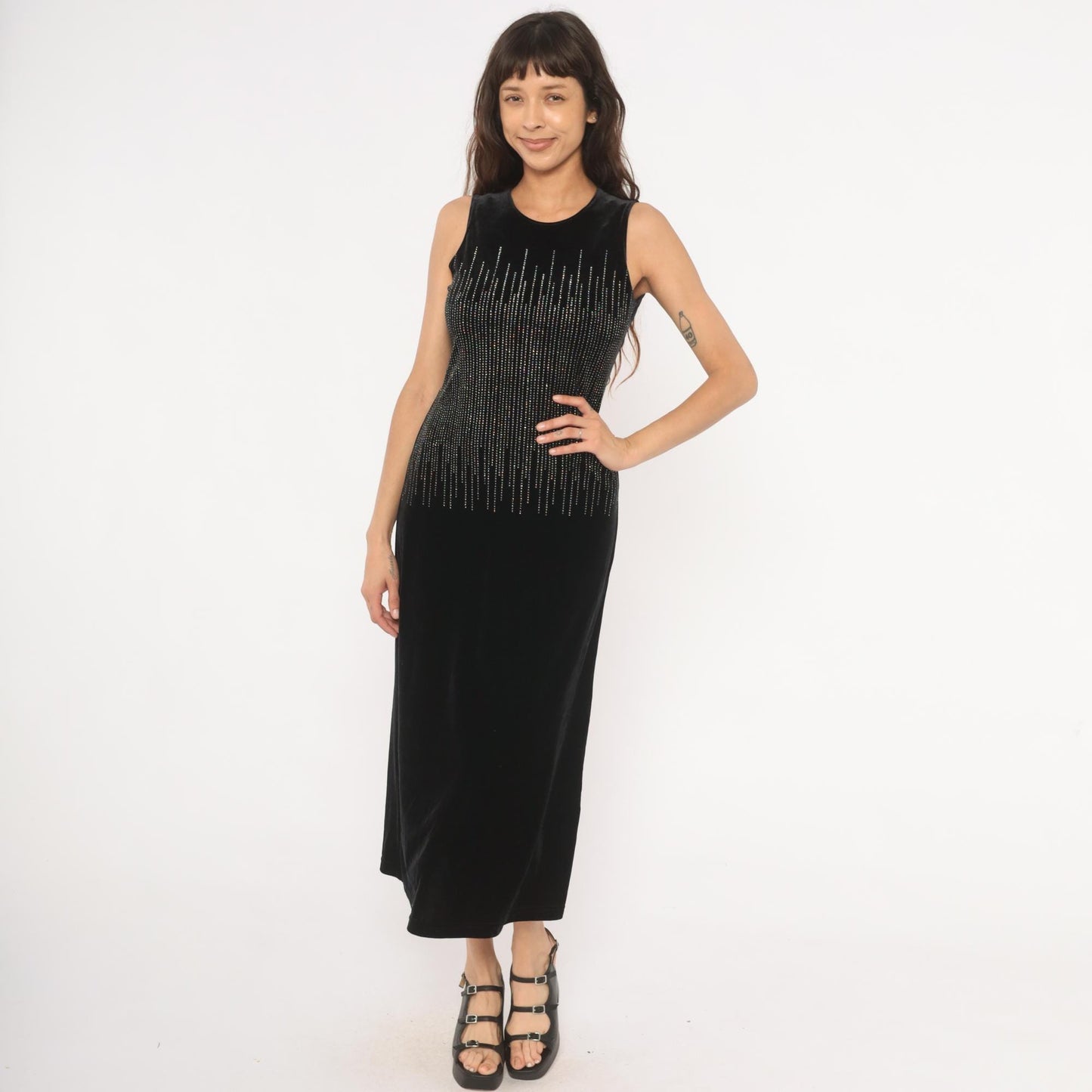 90s Ronni Nicole Black Velvet Midi Dress Silver Beaded Small S