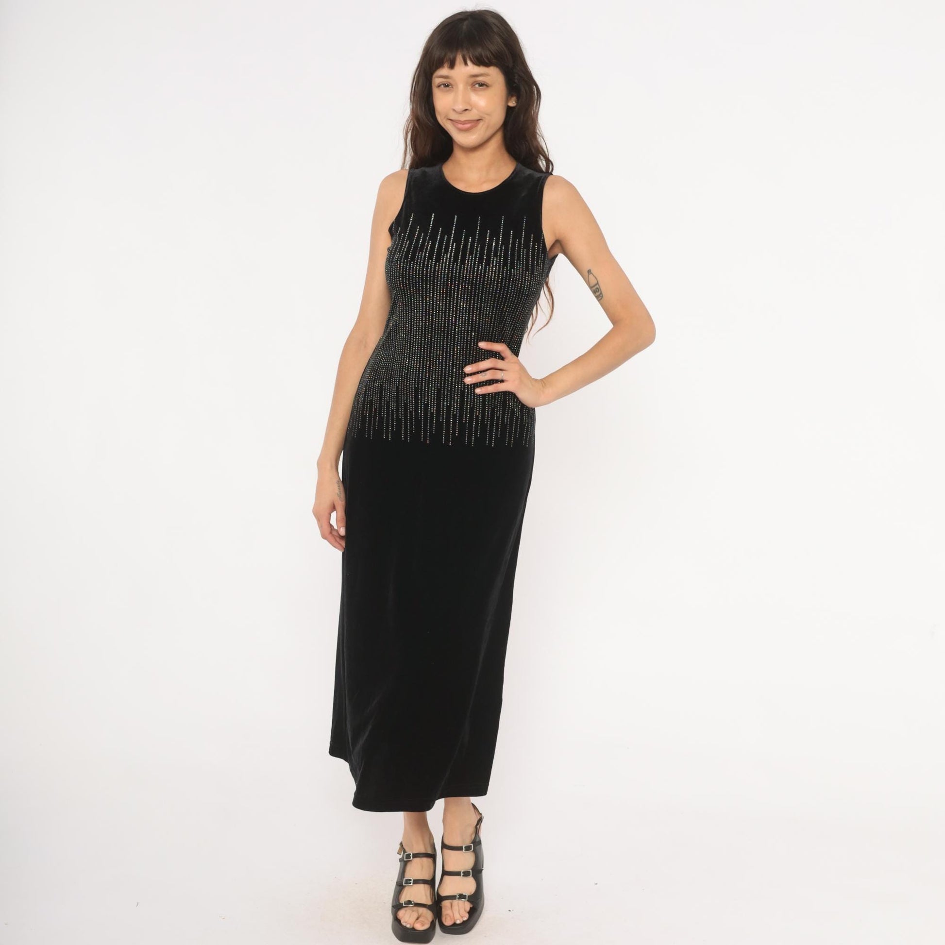 90s Ronni Nicole Black Velvet Midi Dress Silver Beaded Small S