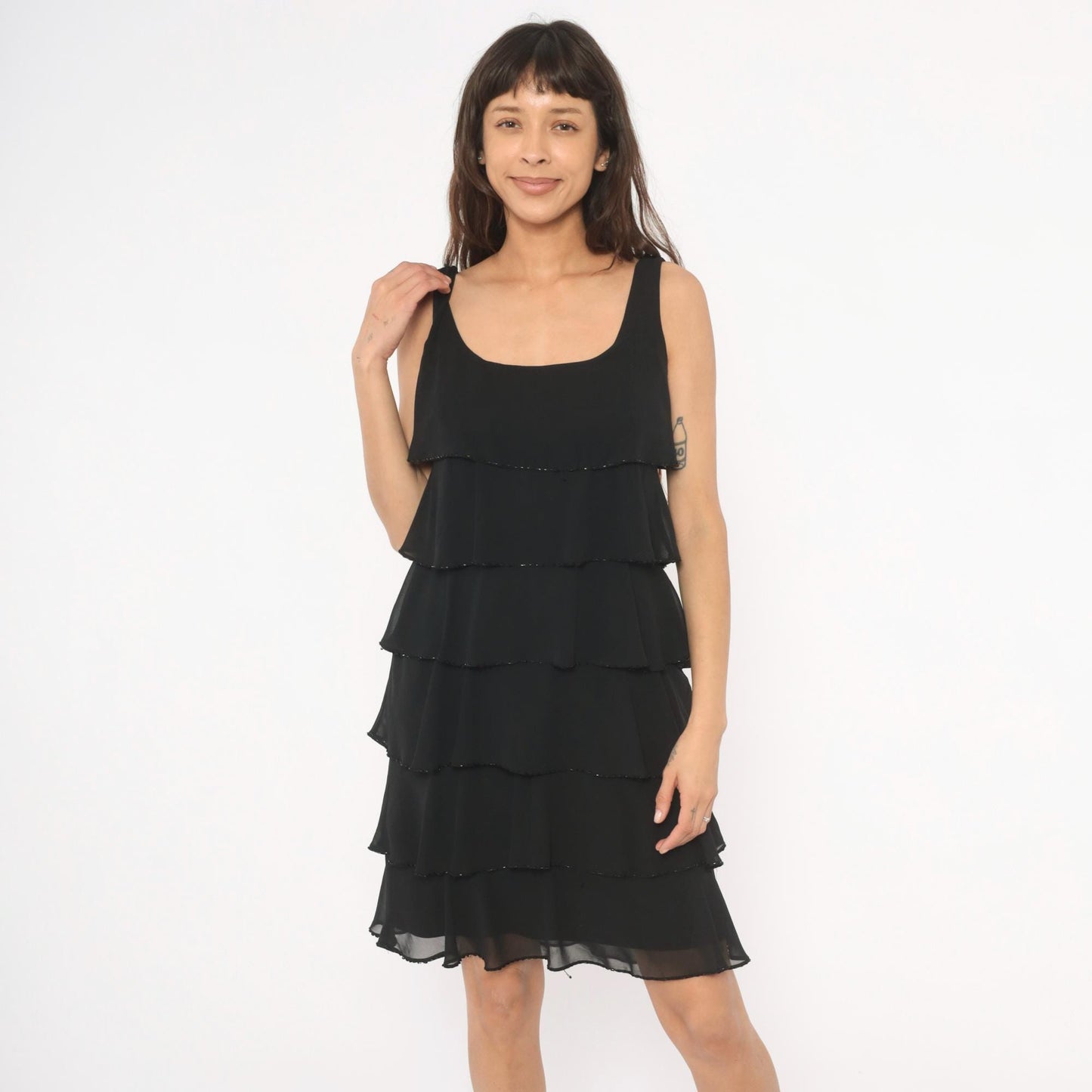 90s Patra Black Chiffon Tiered Ruffle Mini Dress Beaded Trim Medium M