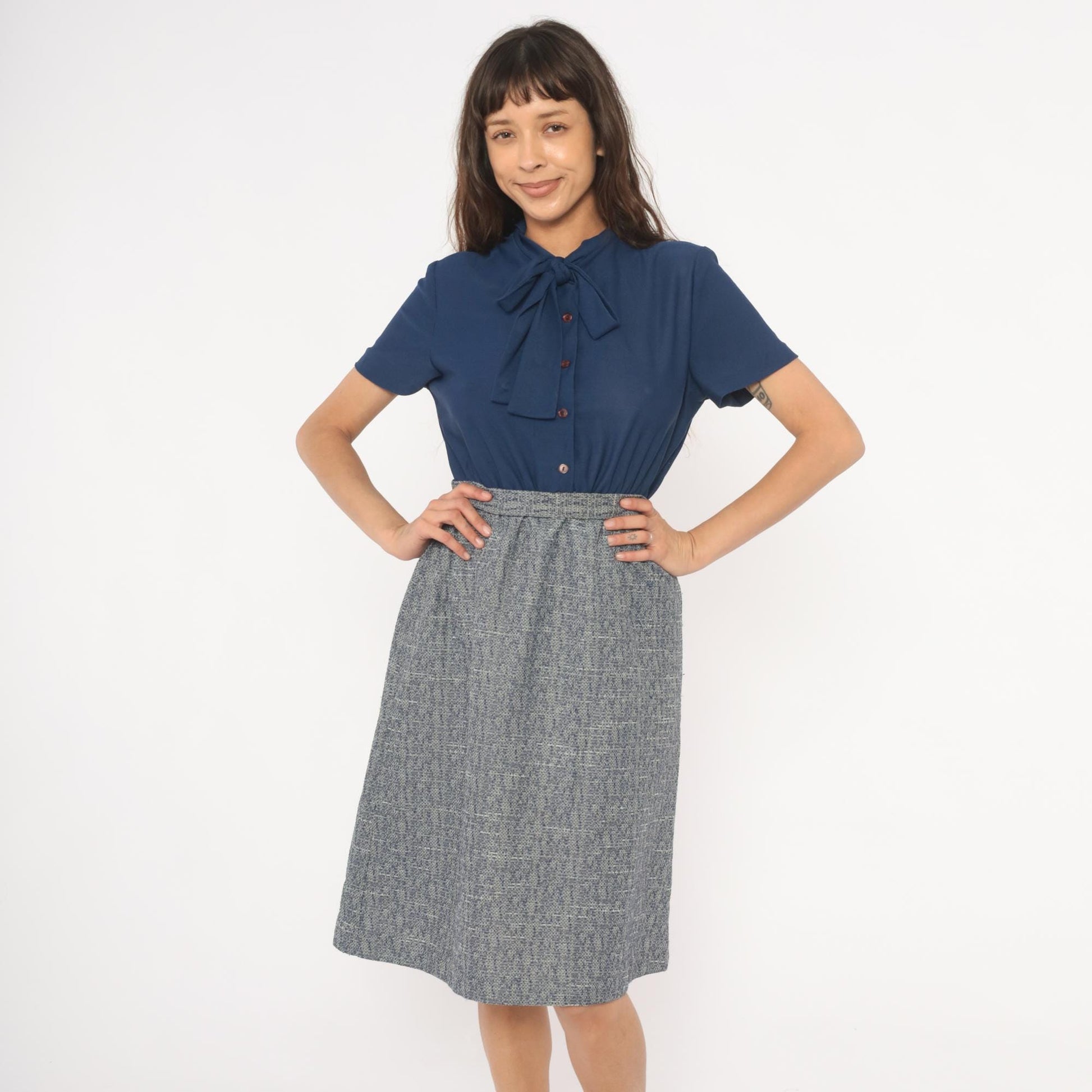 70s Sherri Lynn Navy Bow Tie Blouse Tweed A-Line Dress Knee Length Small
