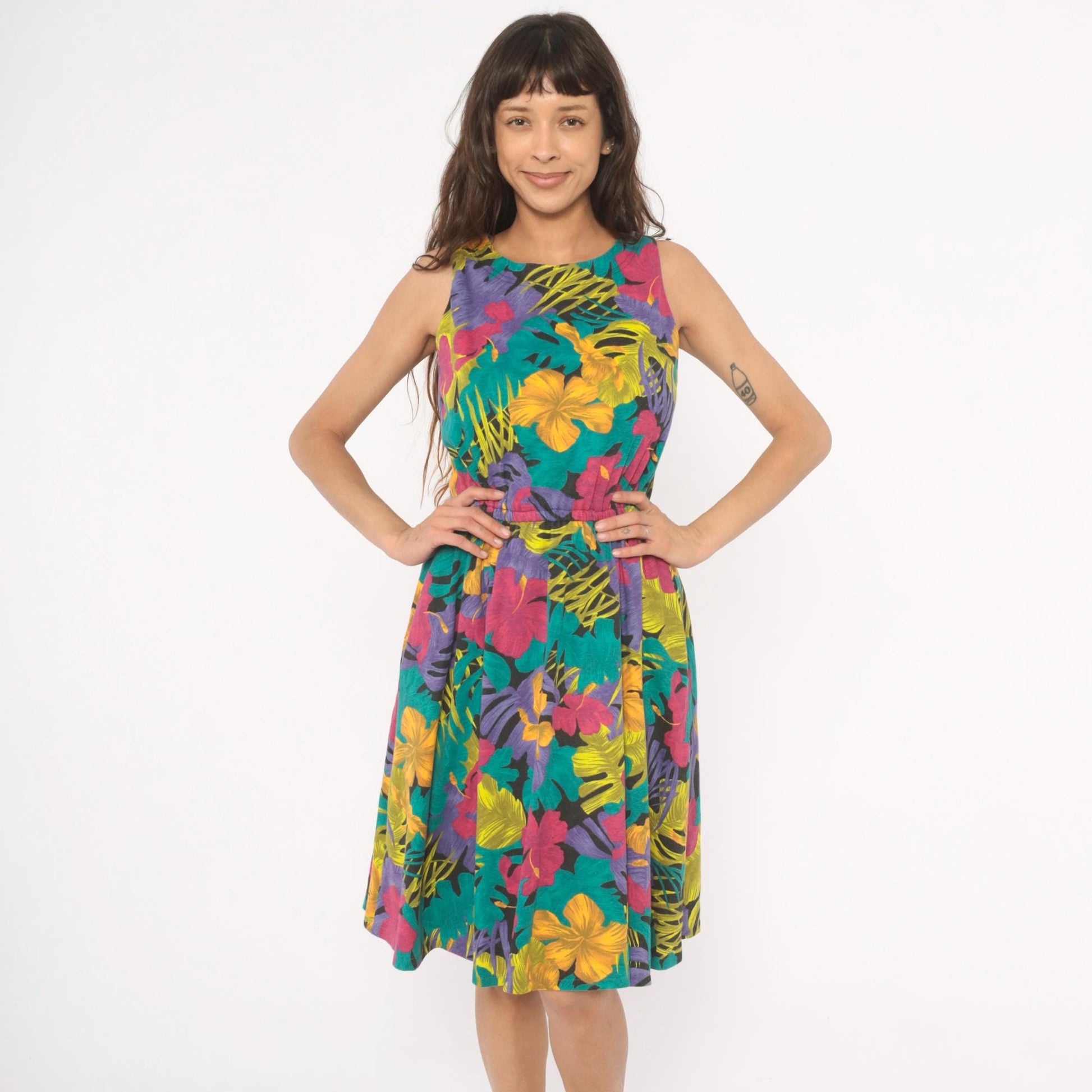 90s Ifi Tropical Floral Sundress Hibiscus Monstera Print Scoop Neck Medium M