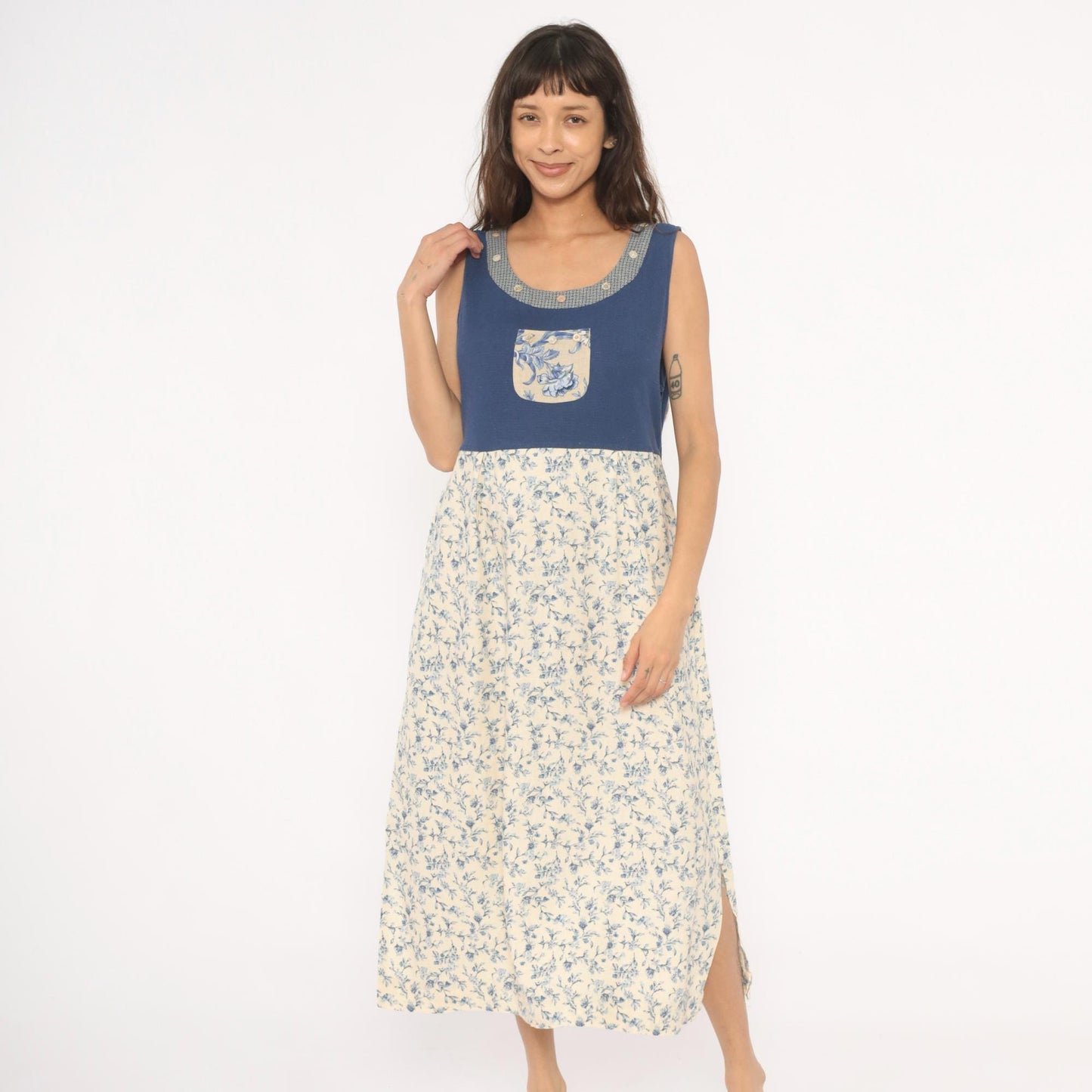 90s Napa Valley Floral Jumper Dress Blue Cream Linen Midi Large L