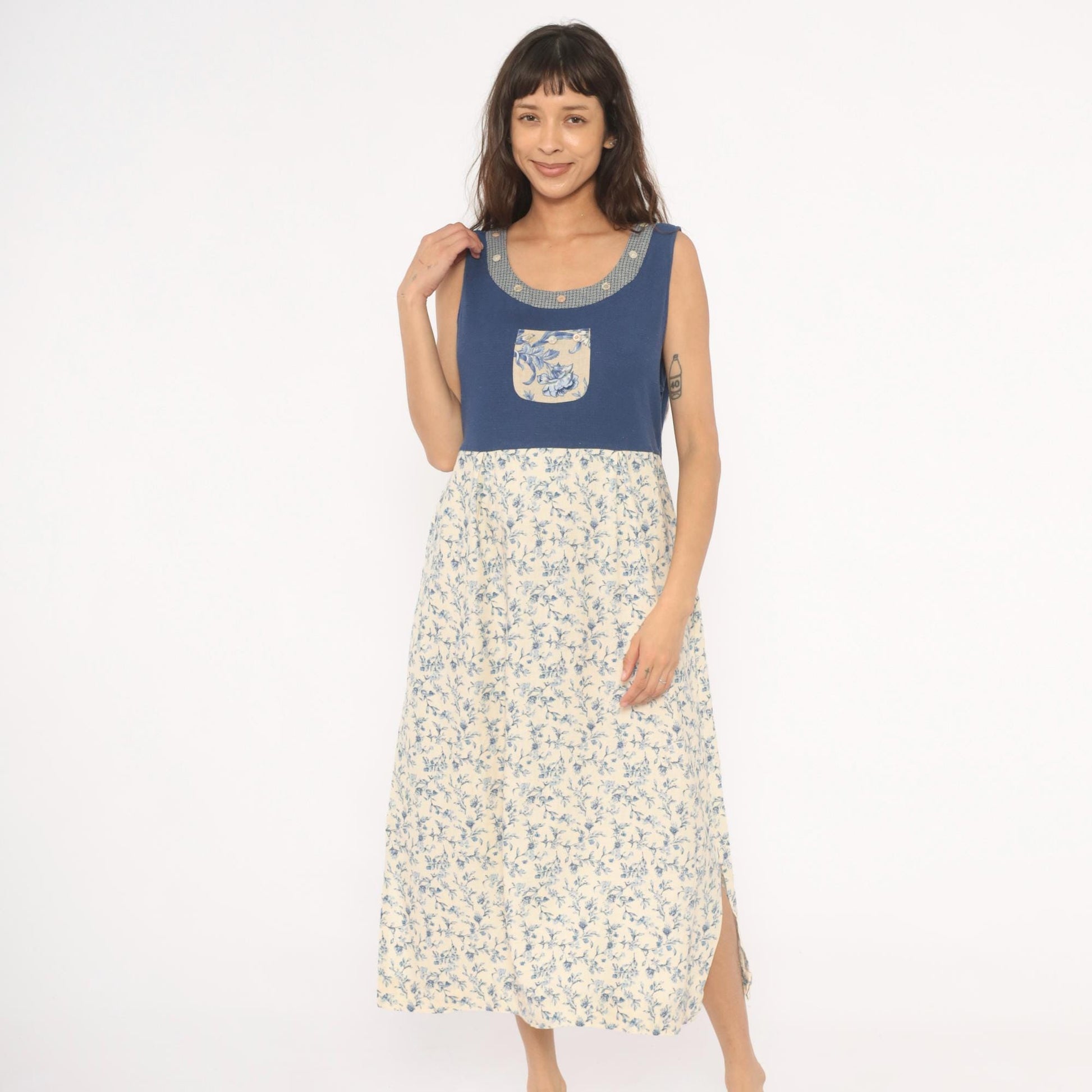 90s Napa Valley Floral Jumper Dress Blue Cream Linen Midi Large L