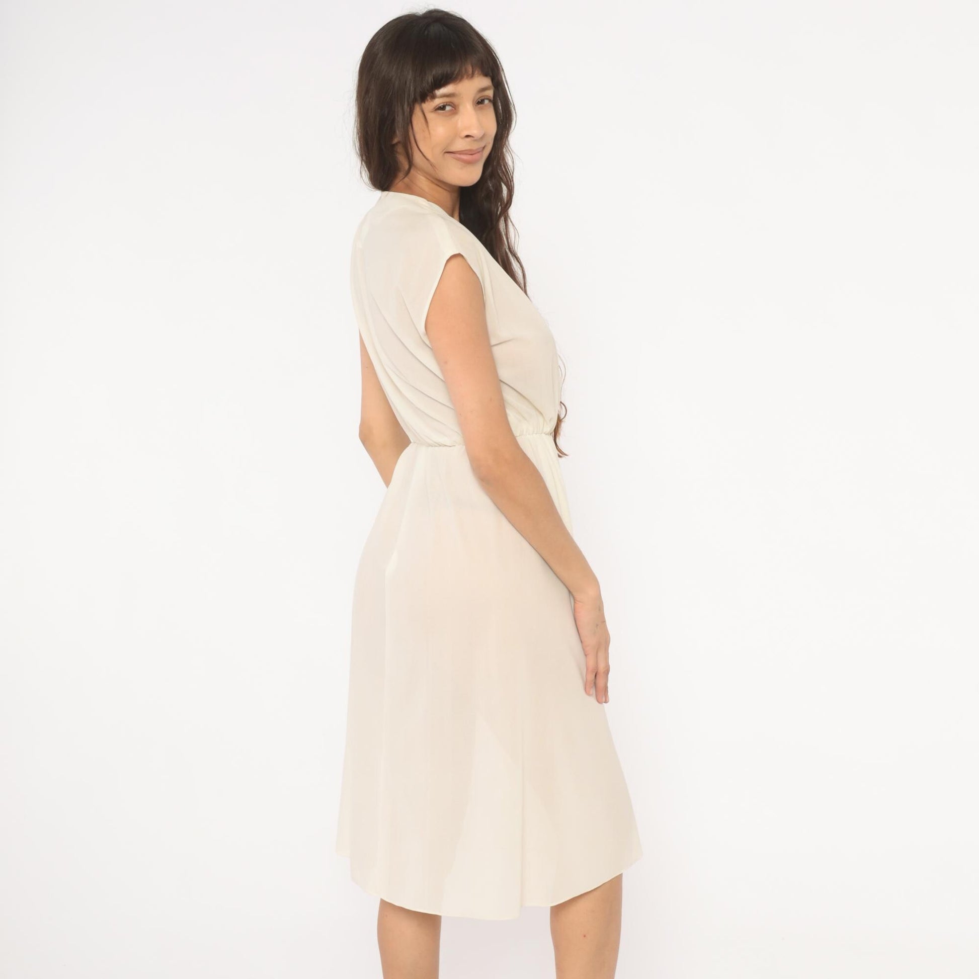70s Oops Cream Wrap Dress V-Neck Cap Sleeve Midi Ivory Small S