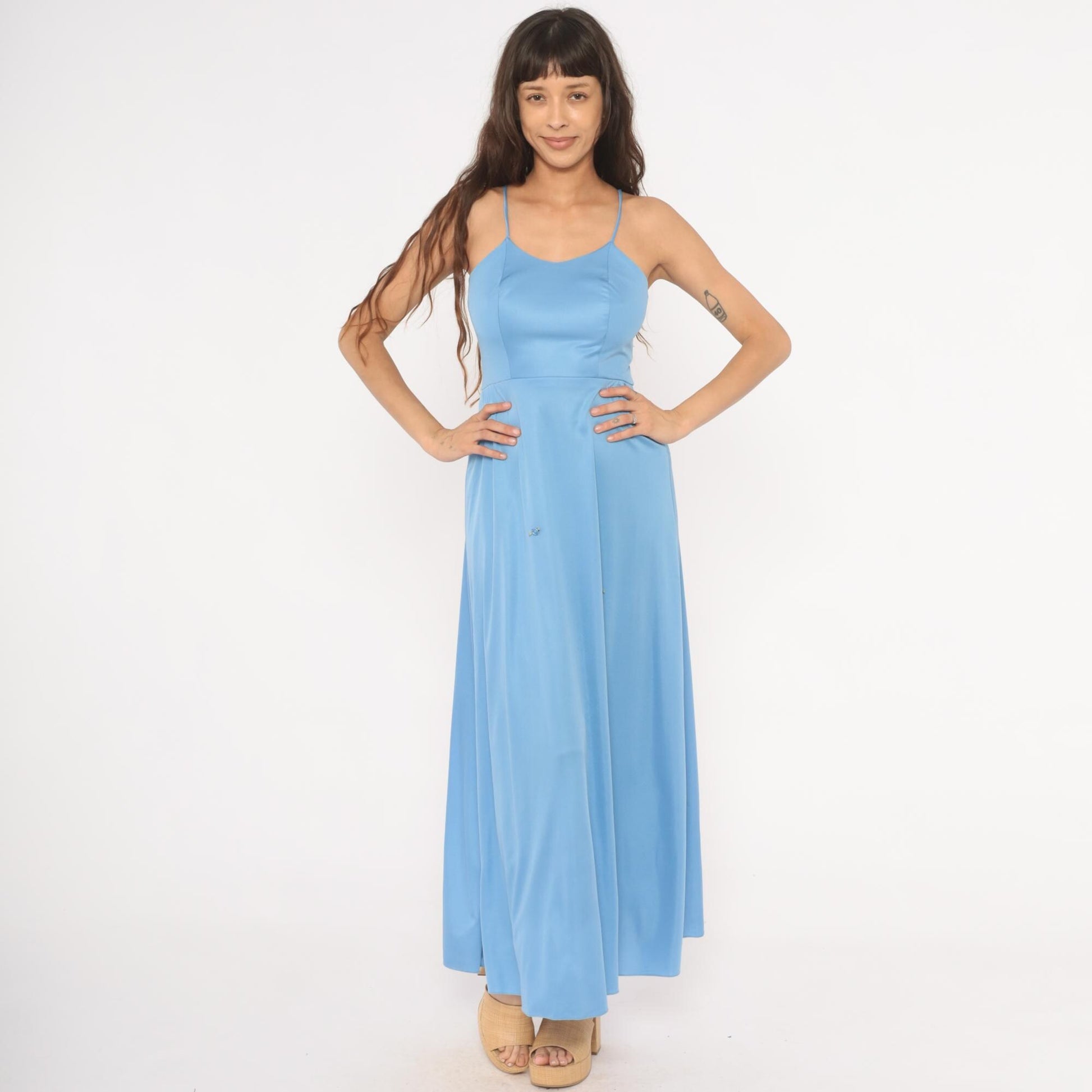 70s Sky Blue Maxi Dress Spaghetti Strap Rosette Detail Side Slit Extra Small XS