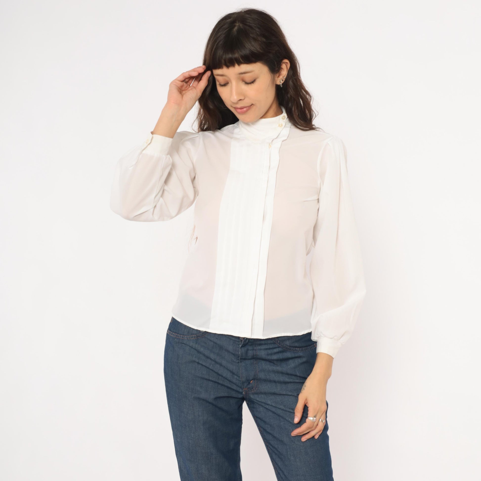 80s Kanga Sport White Pintuck Blouse Puff Sleeve High Collar Small S