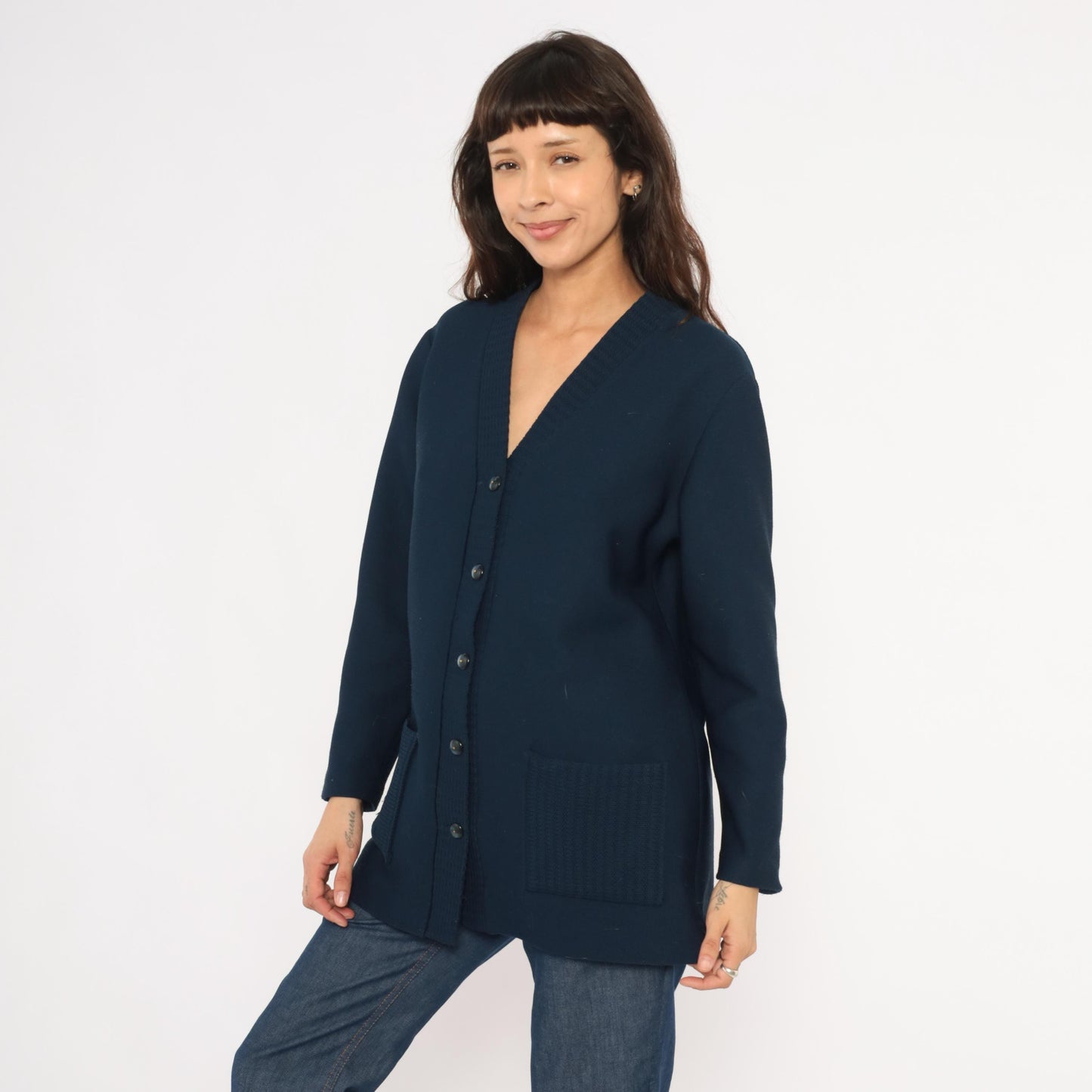 70s Navy Button Front Cardigan V Neck Knit Sweater Patch Pocket Large L