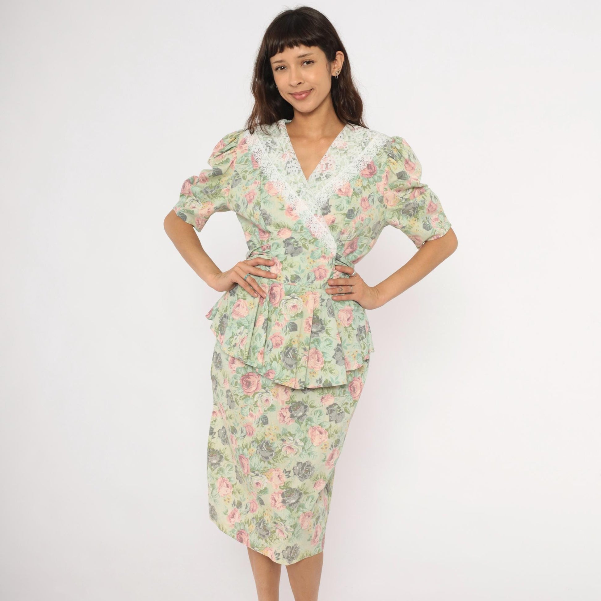 90s Sage Floral Peplum Dress Pink Rose Lace Collar Puff Sleeve Medium M