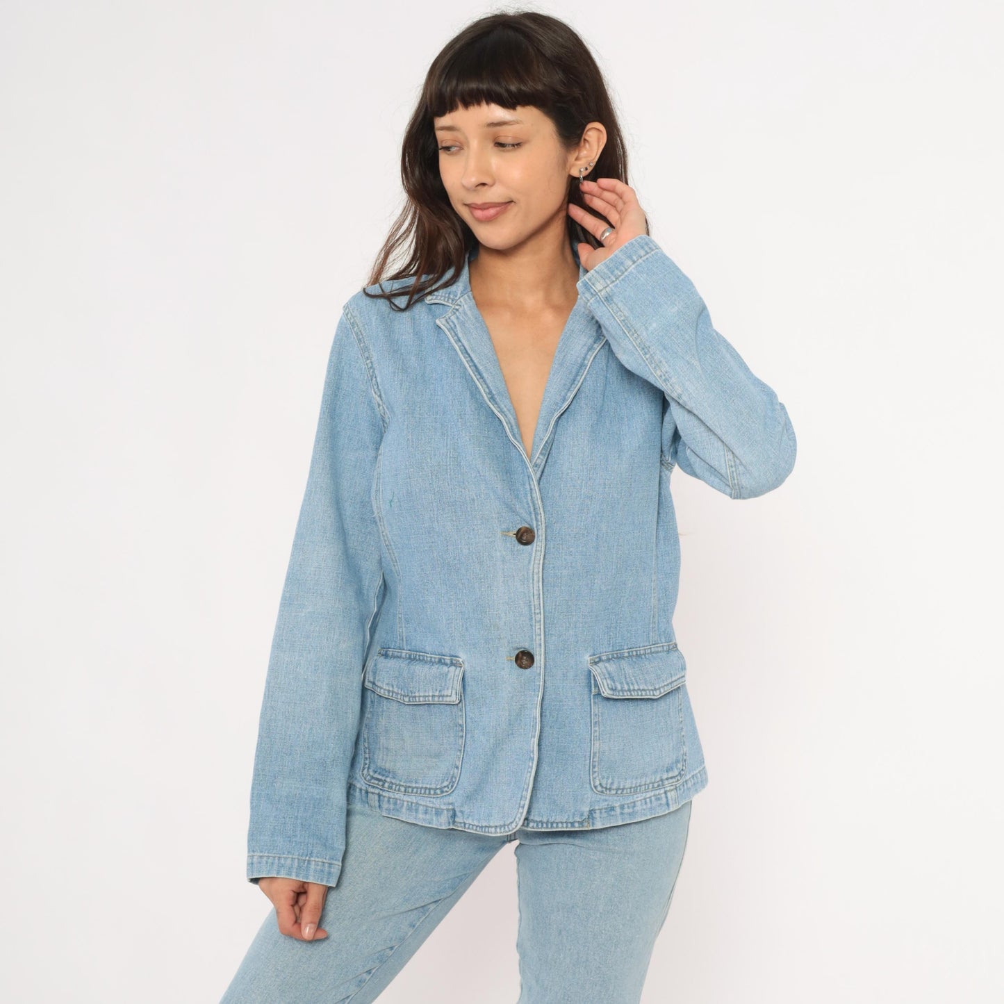 2000s Crazy Horse Light Wash Denim Blazer Notched Lapel Cotton Medium M
