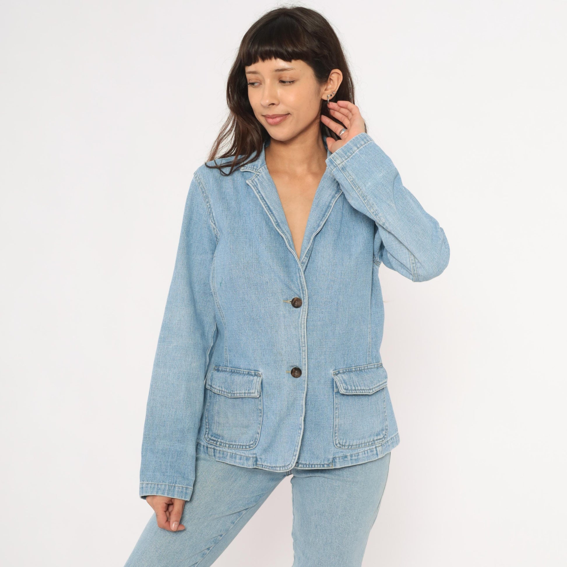 2000s Crazy Horse Light Wash Denim Blazer Notched Lapel Cotton Medium M