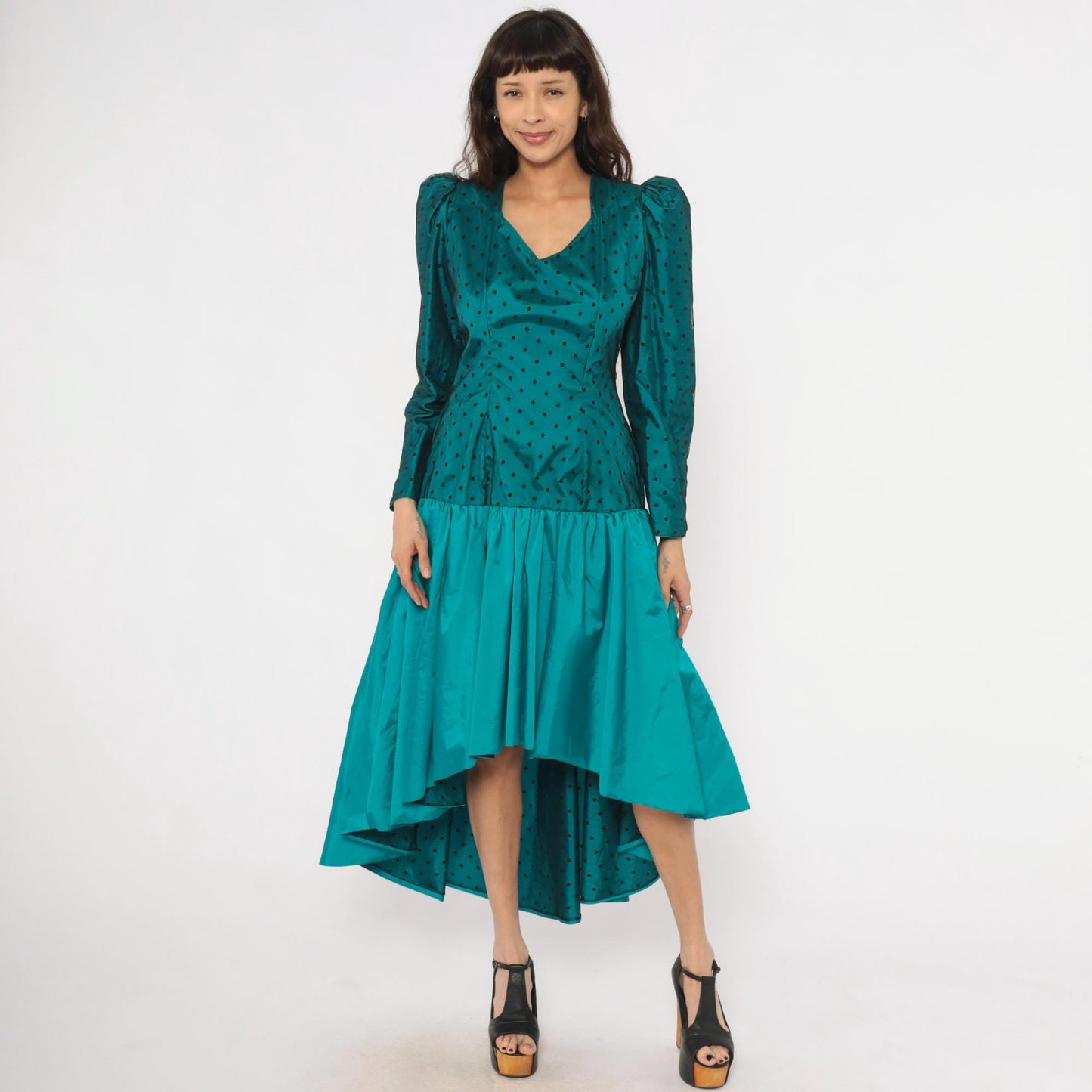 80s Milt Russell Original Teal Polka Dot Puff Sleeve Gown High-Low Medium M