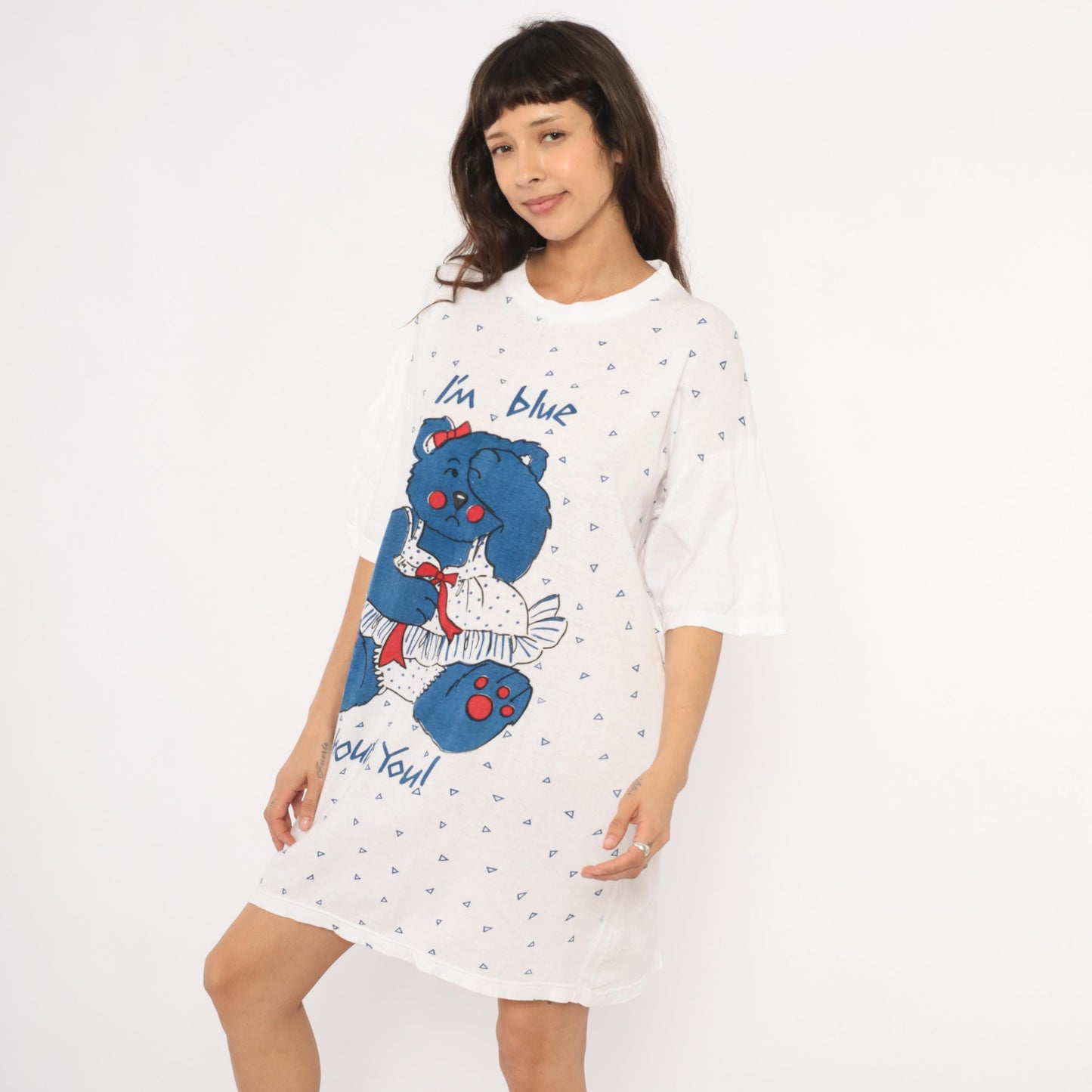 90s Tracys Place Blue Bear Nightshirt White Cotton Graphic Sleep Tee One Size