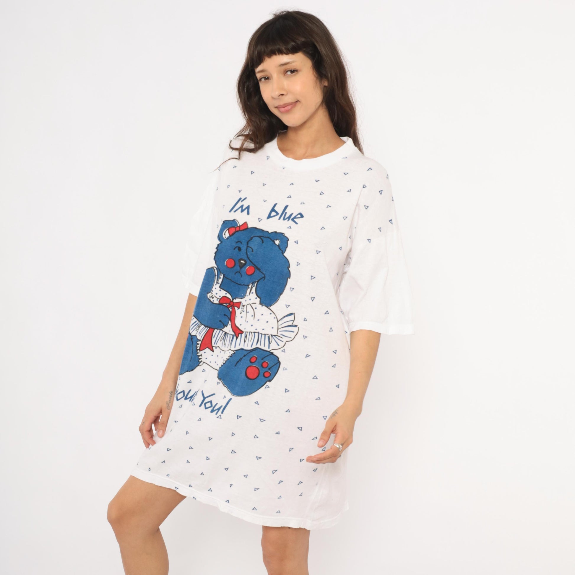 90s Tracys Place Blue Bear Nightshirt White Cotton Graphic Sleep Tee One Size