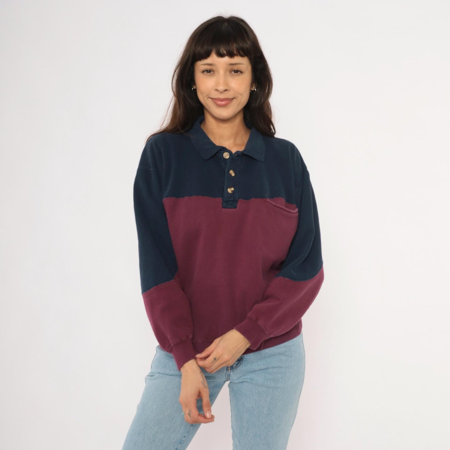 90s Werguard Color Block Polo Sweatshirt Navy Burgundy Cotton Medium M