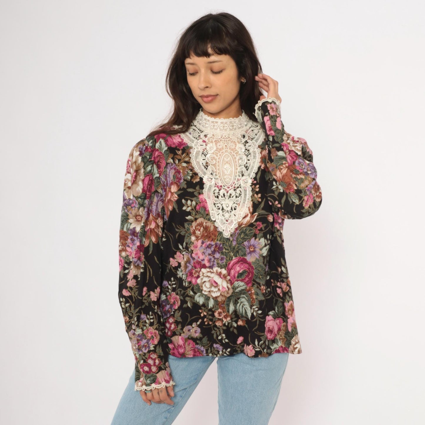90s Scott McClintock Black Floral Blouse Lace Bib Puff Sleeve Extra Large XL