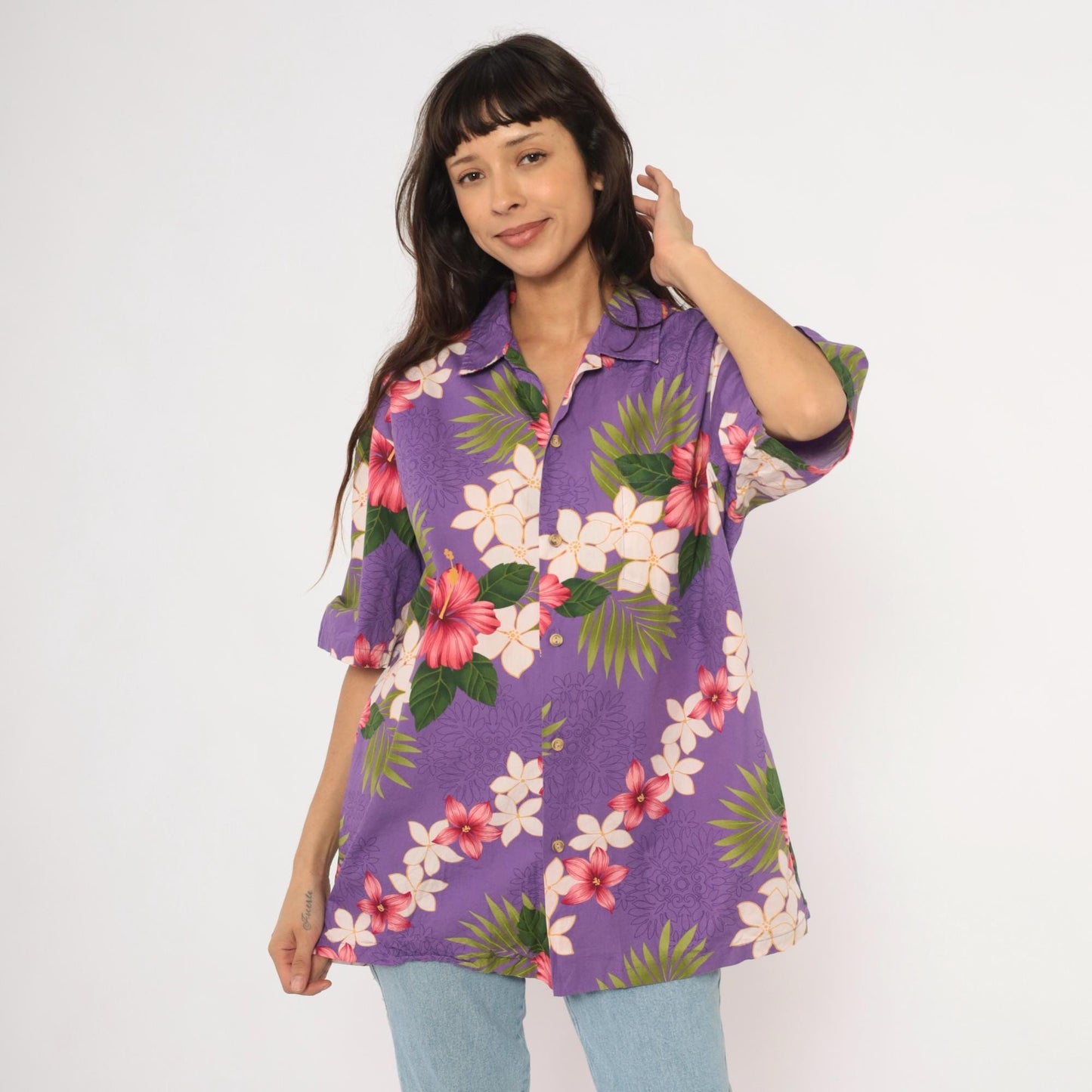 90s Purple Hawaiian Shirt Tropical Floral Hibiscus Plumeria Cotton Extra Large XL