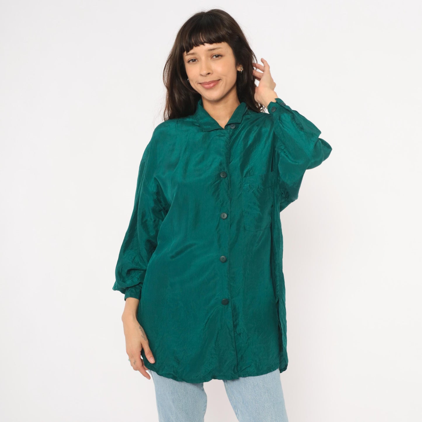 90s The Limited Teal Silk Button Shirt Camp Collar Balloon Sleeve Small