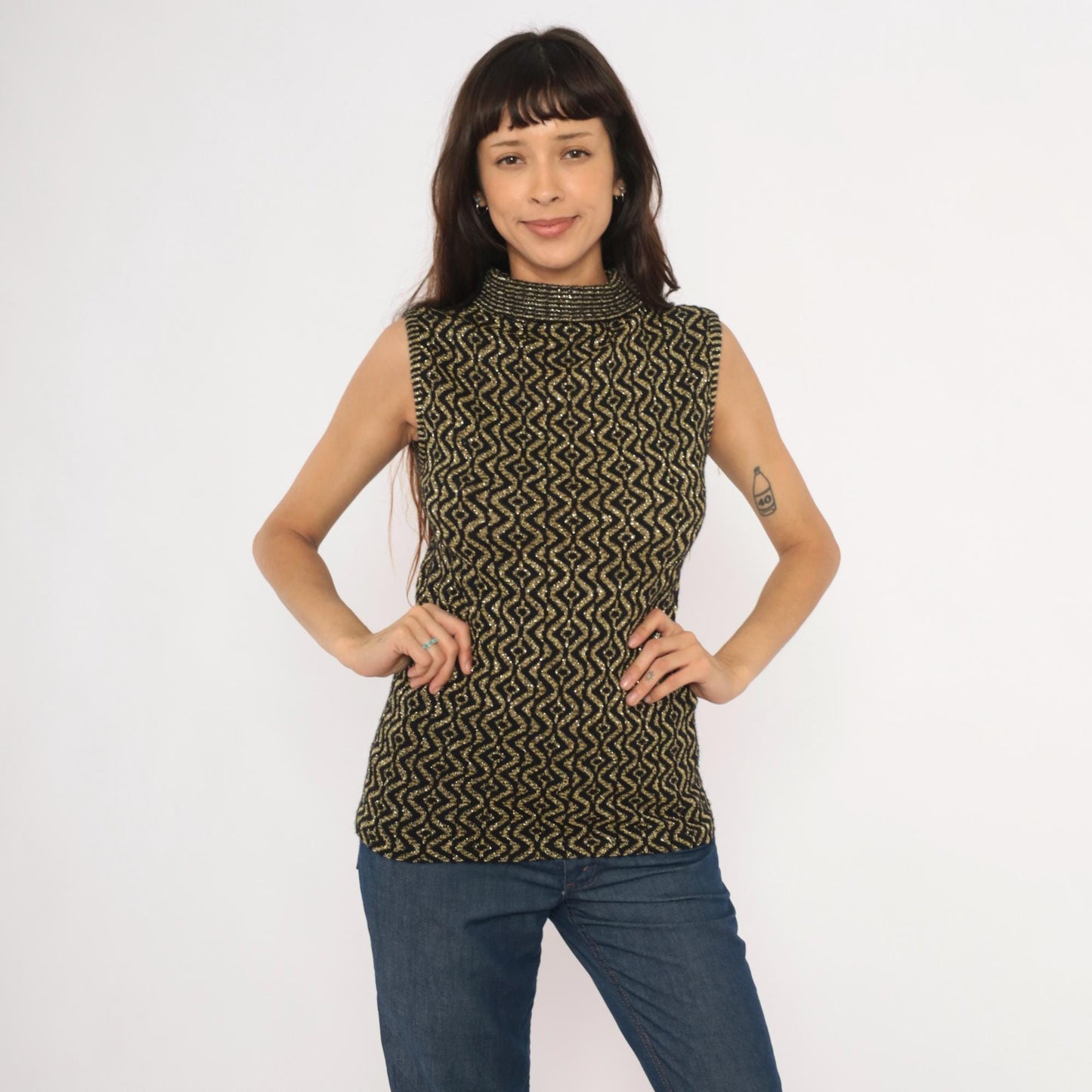 90s Black Gold Metallic Knit Mock Neck Tank Geometric Diamond Pattern Medium