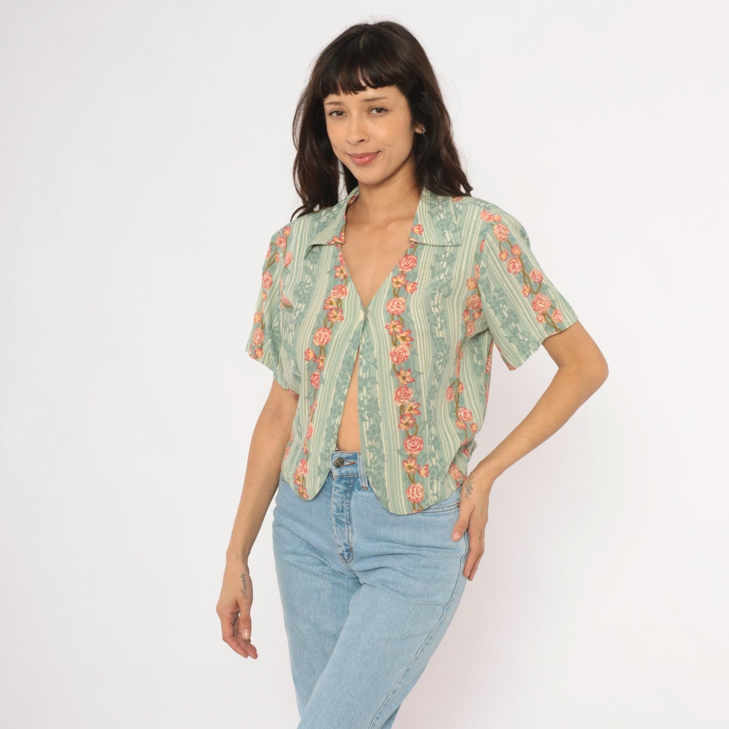 90s ICI Sage Green Striped Rose Vine Blouse V Neck Crop Top Large L